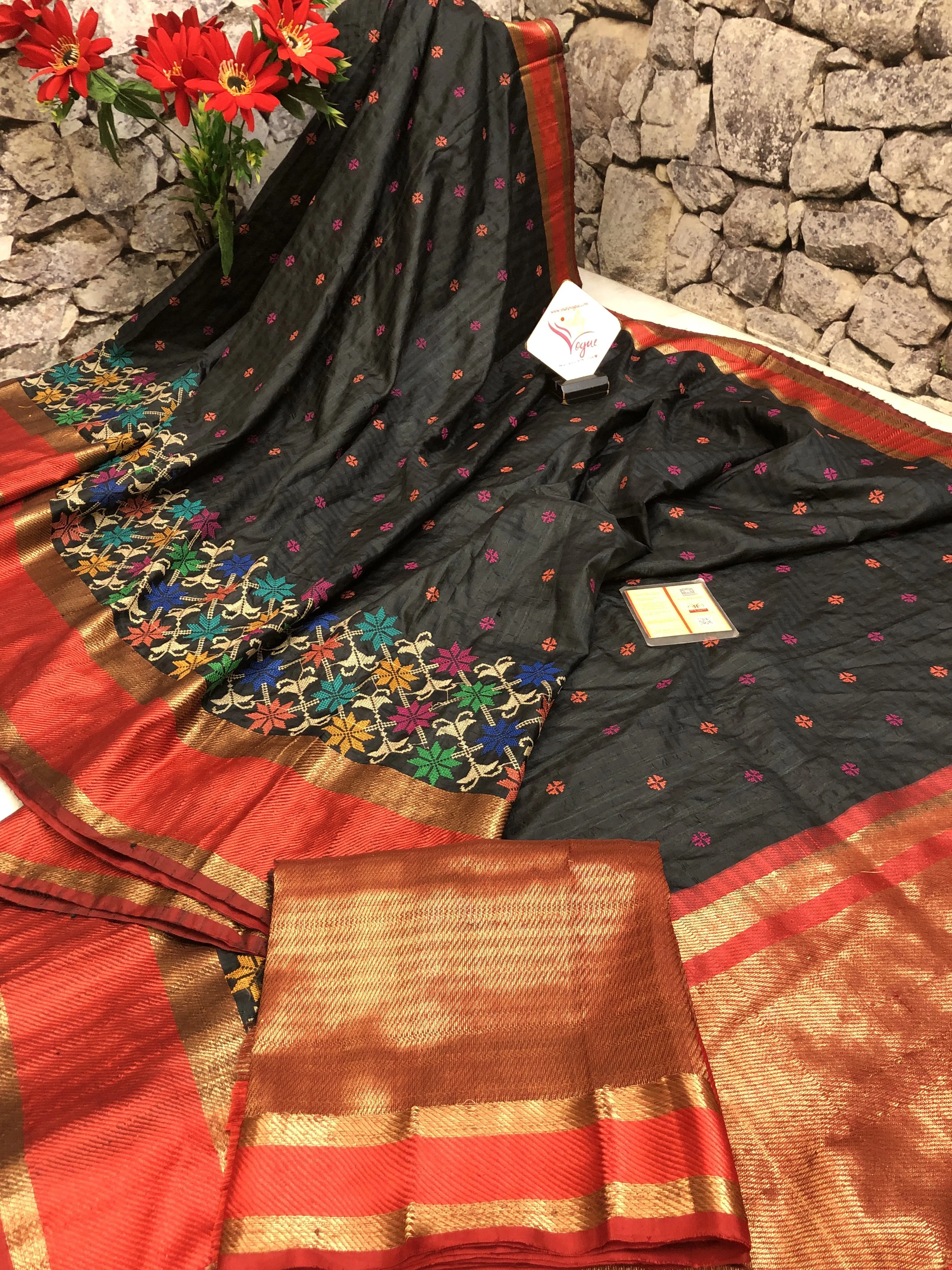 Coal Black and Red Color Tussar Banarasi Saree with Embroidery Work