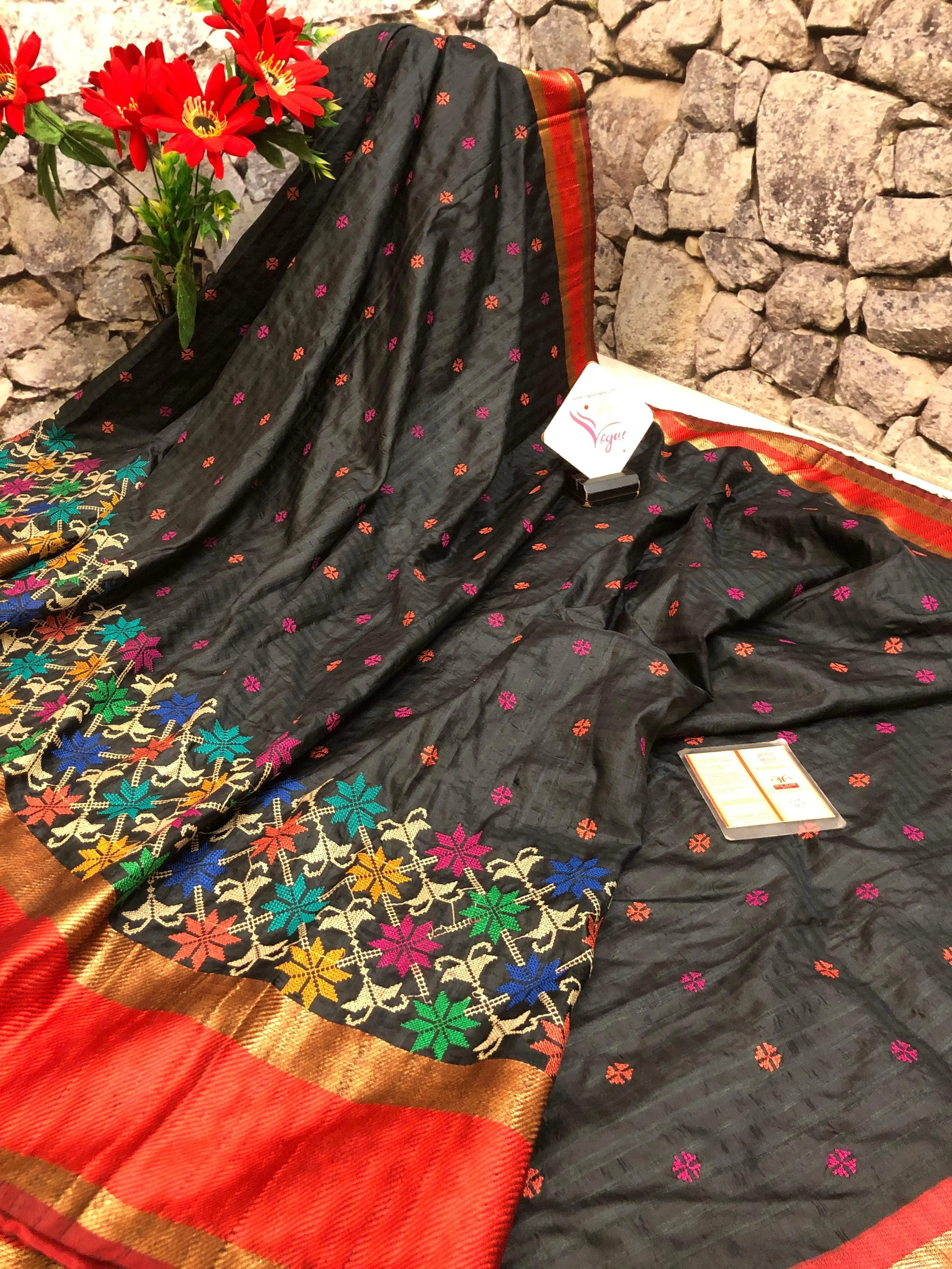 Coal Black and Red Color Tussar Banarasi Saree with Embroidery Work