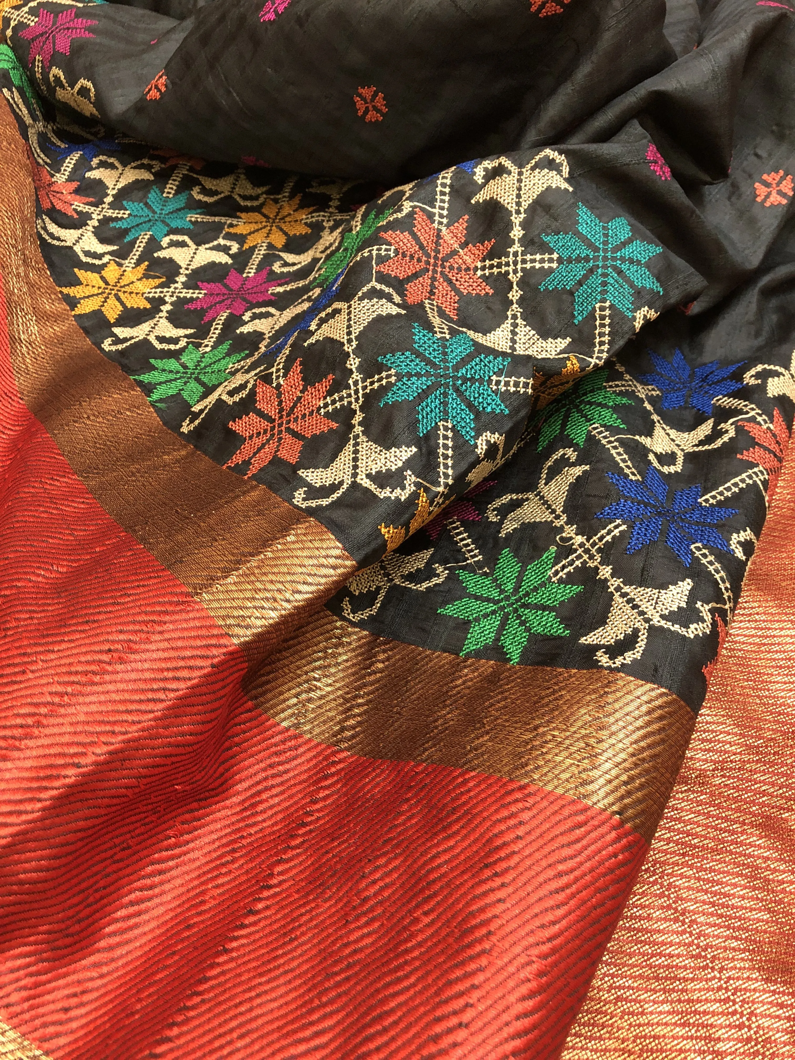 Coal Black and Red Color Tussar Banarasi Saree with Embroidery Work