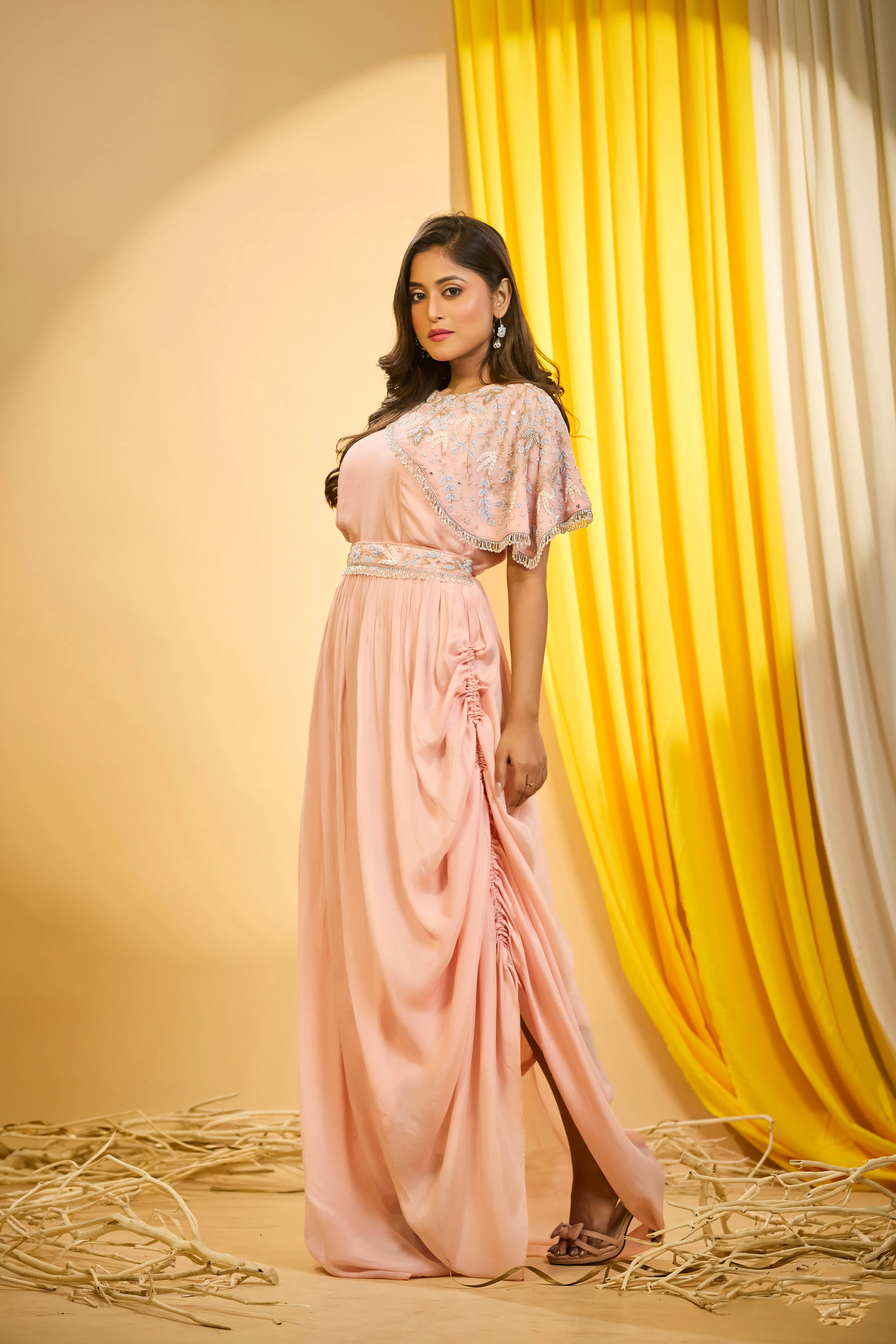 Coral Peach Embellished Chinon Silk Draped Gown