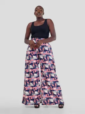 Curves BD Kipepeo Wide Leg Pants - Navy Blue / Peach Print