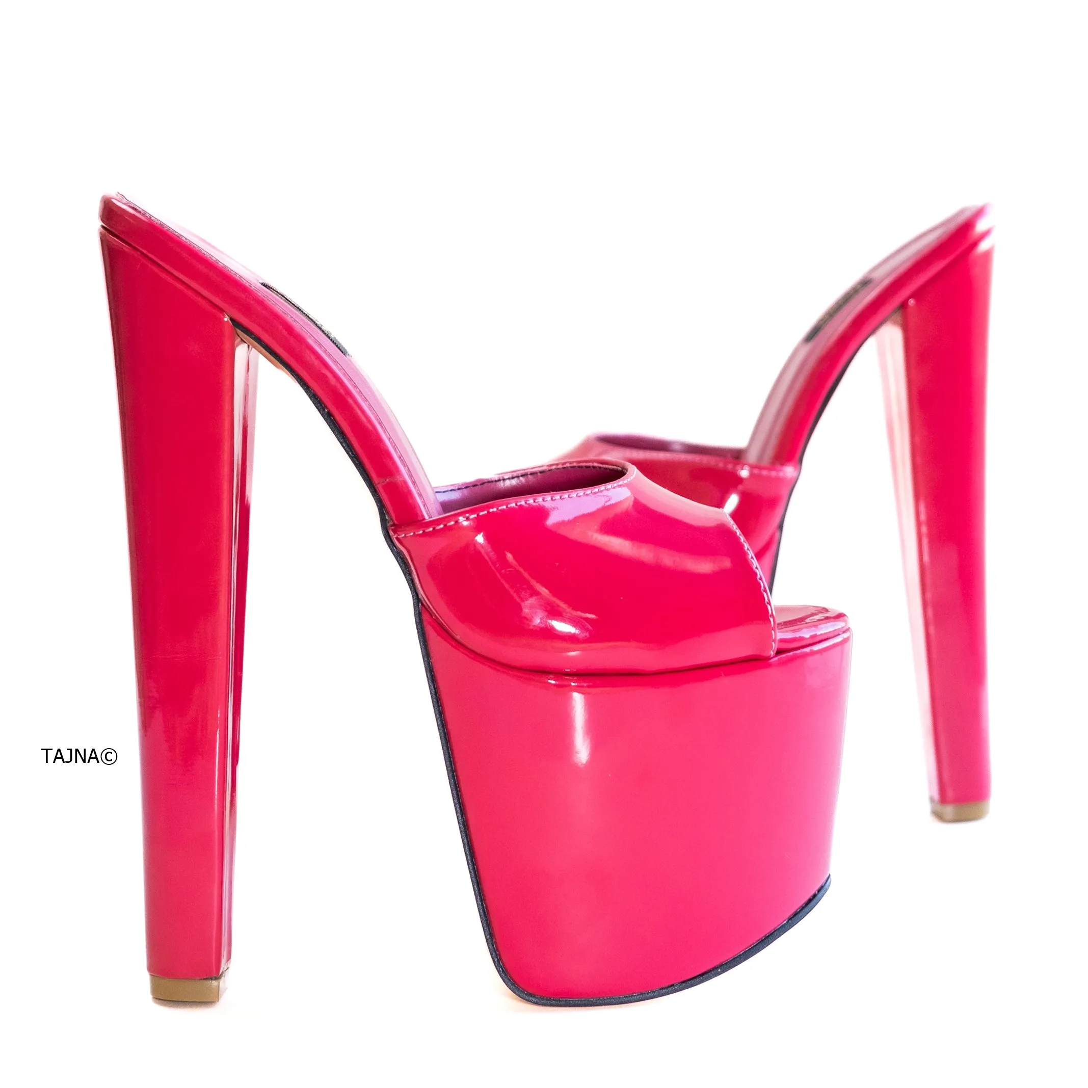 Dark Pink Gloss High Heel Platform Mules