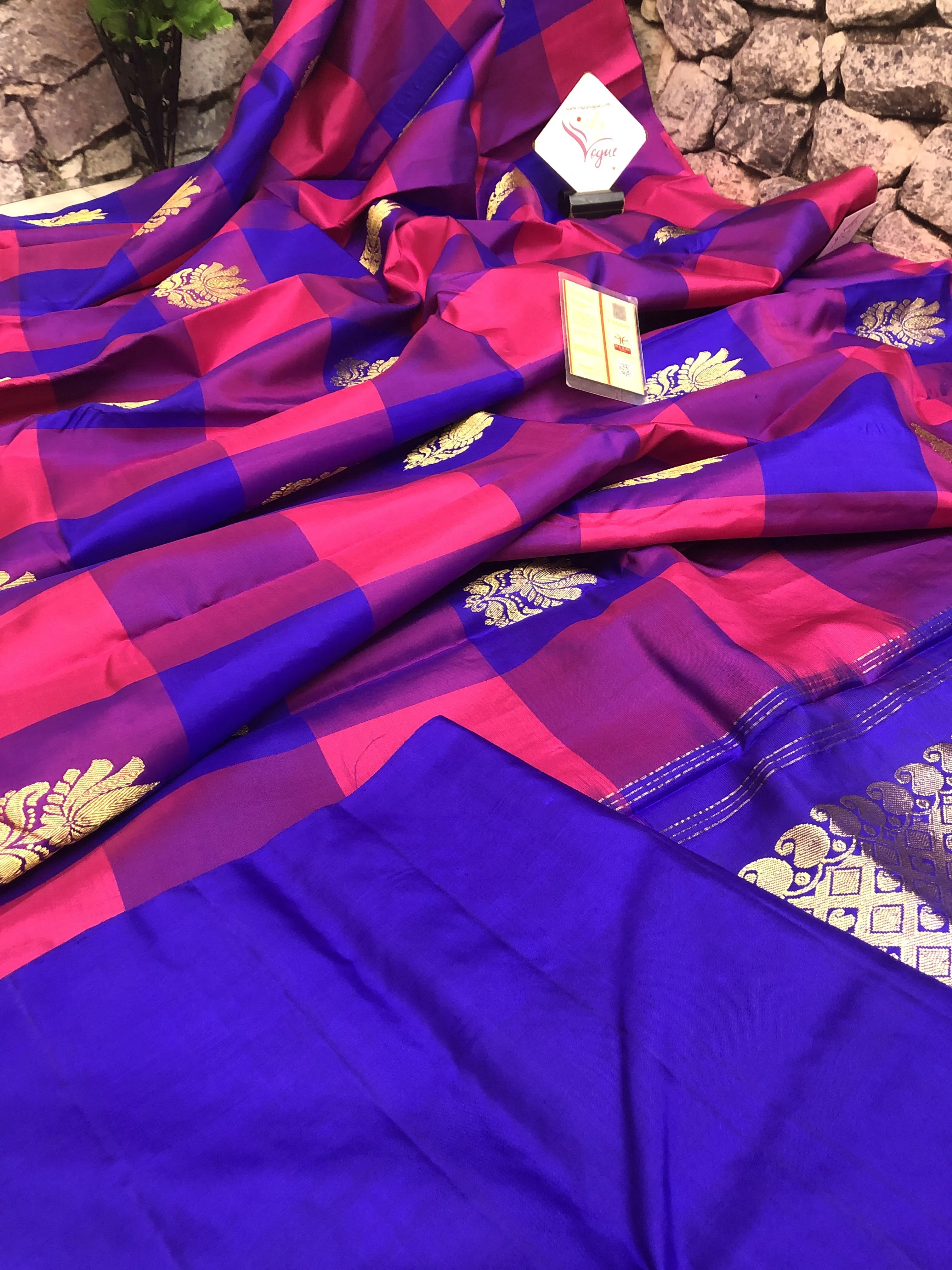 Deep Blue and Magenta Color Kanjeevaram Silk Saree with Checks