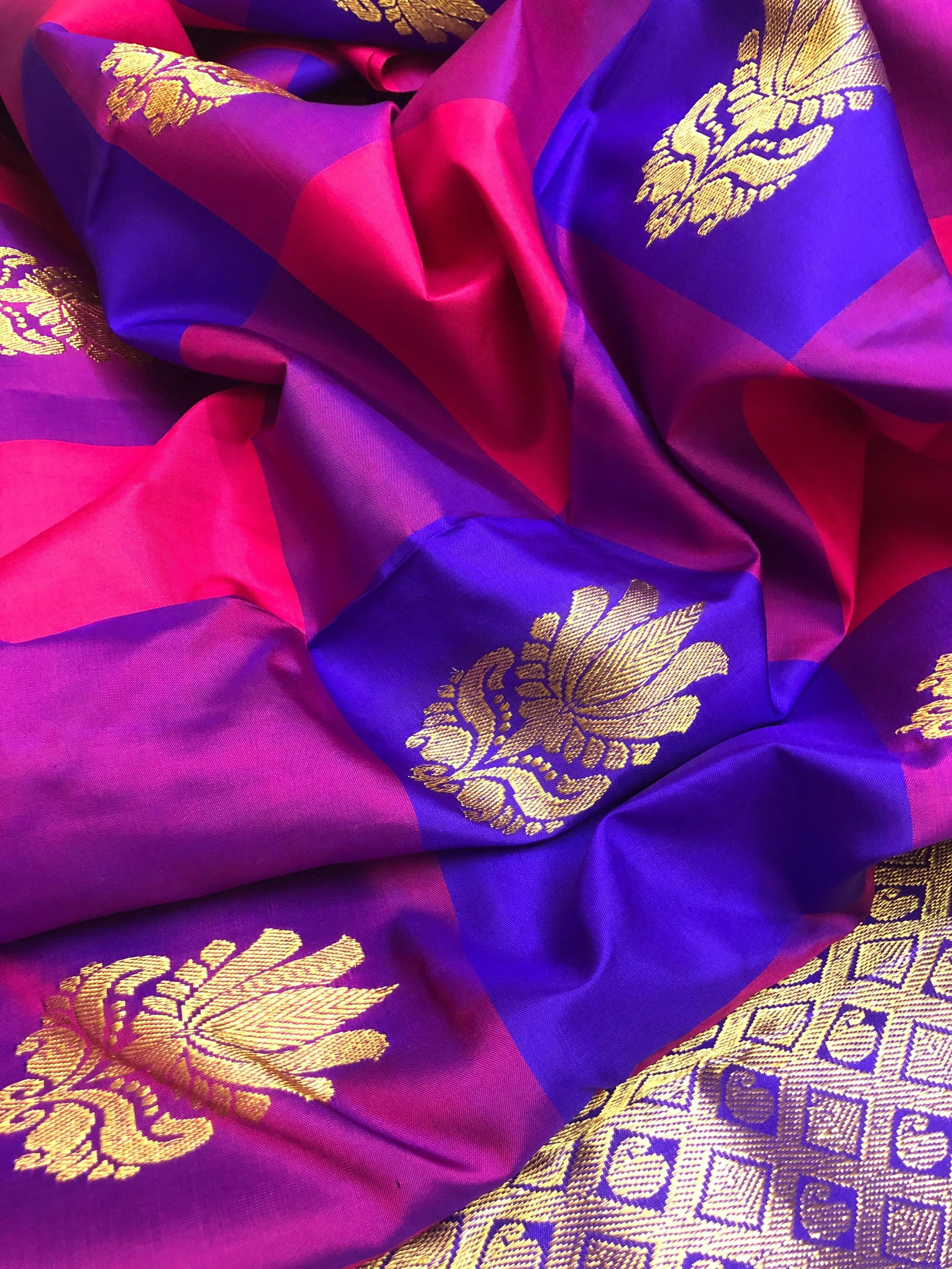 Deep Blue and Magenta Color Kanjeevaram Silk Saree with Checks