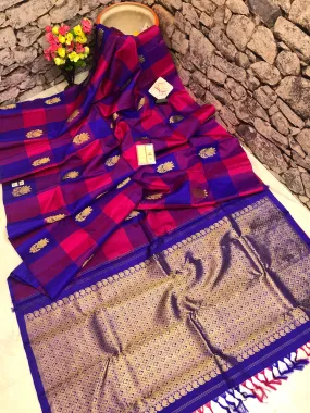 Deep Blue and Magenta Color Kanjeevaram Silk Saree with Checks