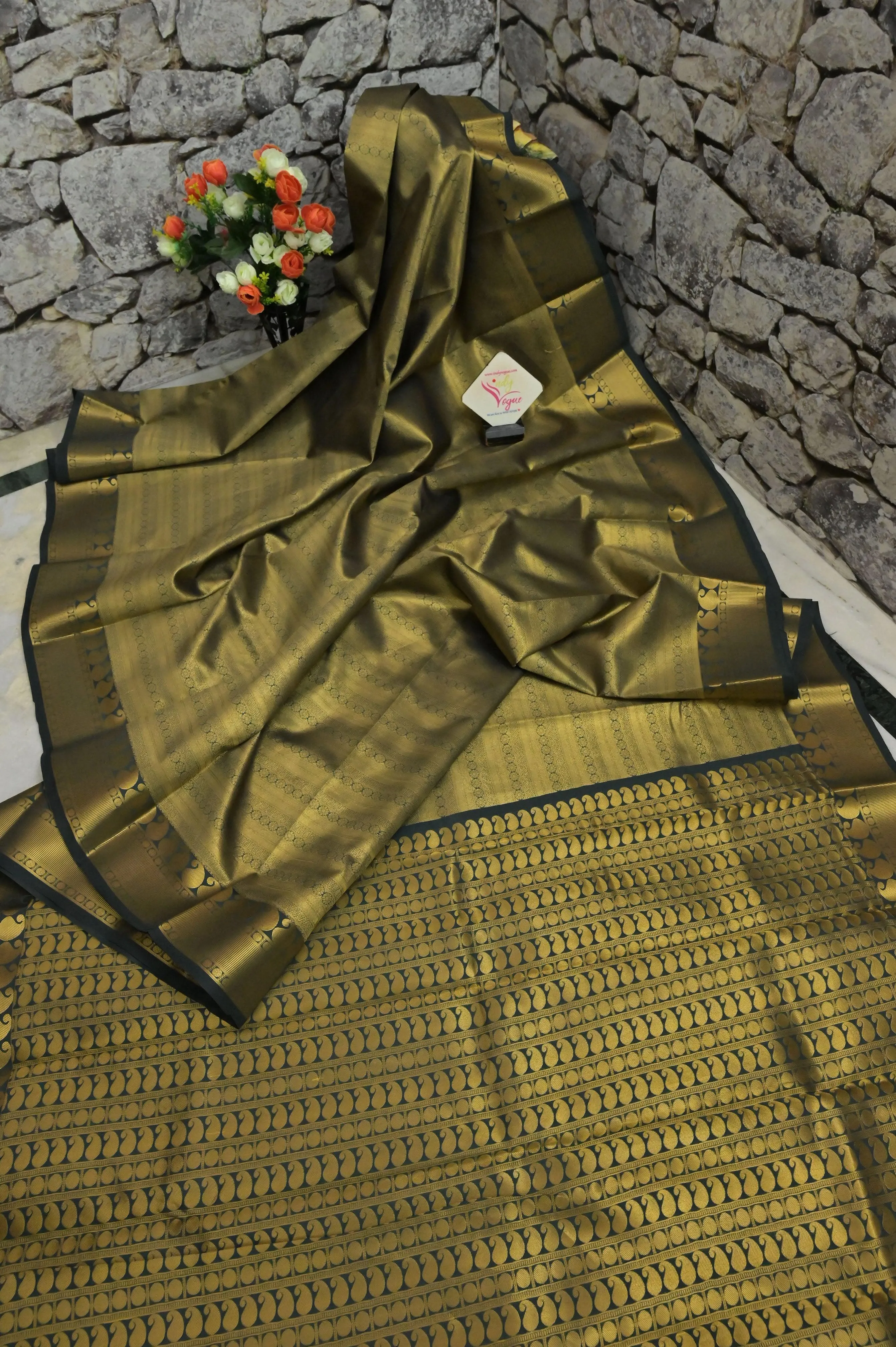 Deep Bottle Green Color South Silk Saree with Brocade Work