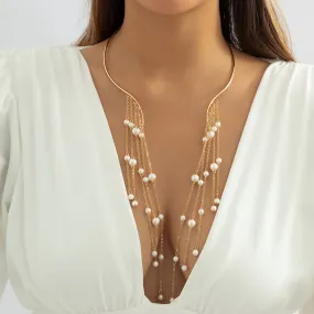 Elegant Fine Jewelry For Women & Girls: Exaggerate Faux Pearl Tassel Open Choker Necklace