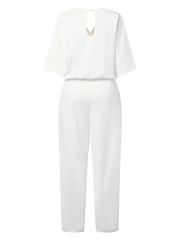 Elegant V-Neck Jumpsuit for Women - Solid Color Office to Party Wear