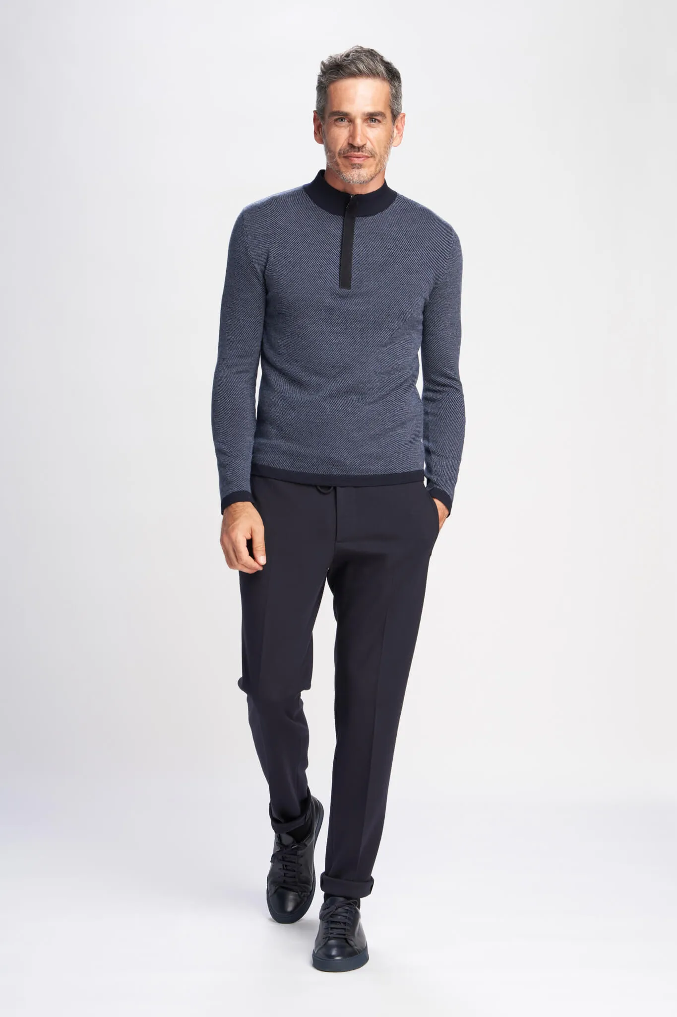 Gad knit half zip bicolor jumper in wool and leather detail