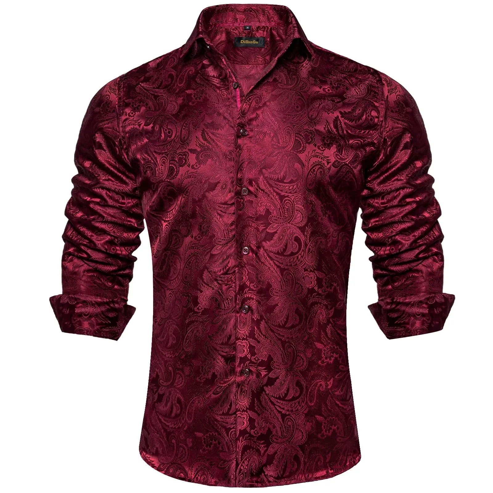 Gold Paisley Silk Shirts Men's Long Sleeve Luxury Tuxedo Wedding Party Clothing