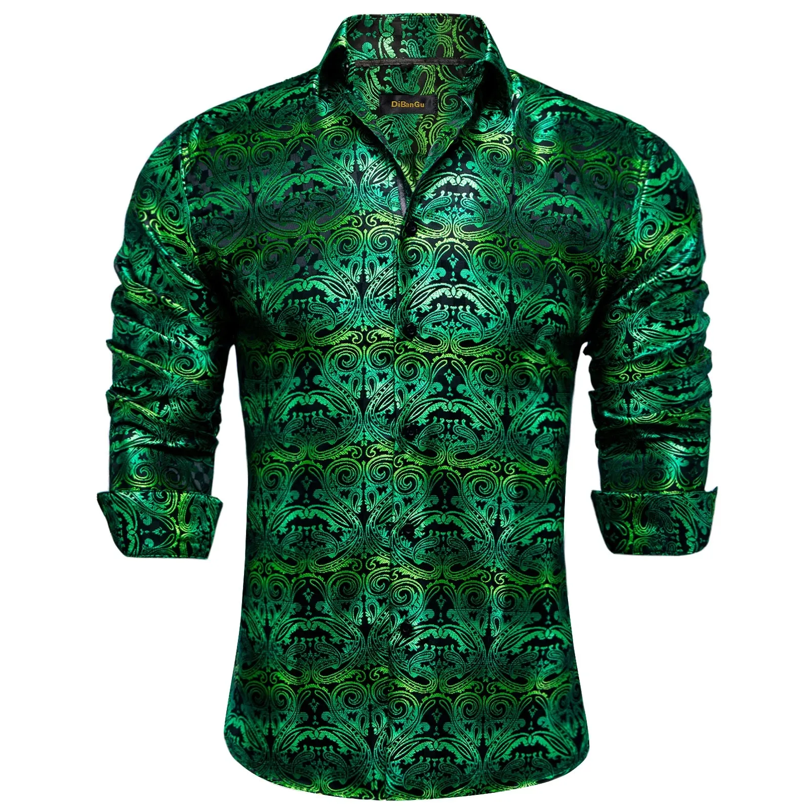 Gold Paisley Silk Shirts Men's Long Sleeve Luxury Tuxedo Wedding Party Clothing