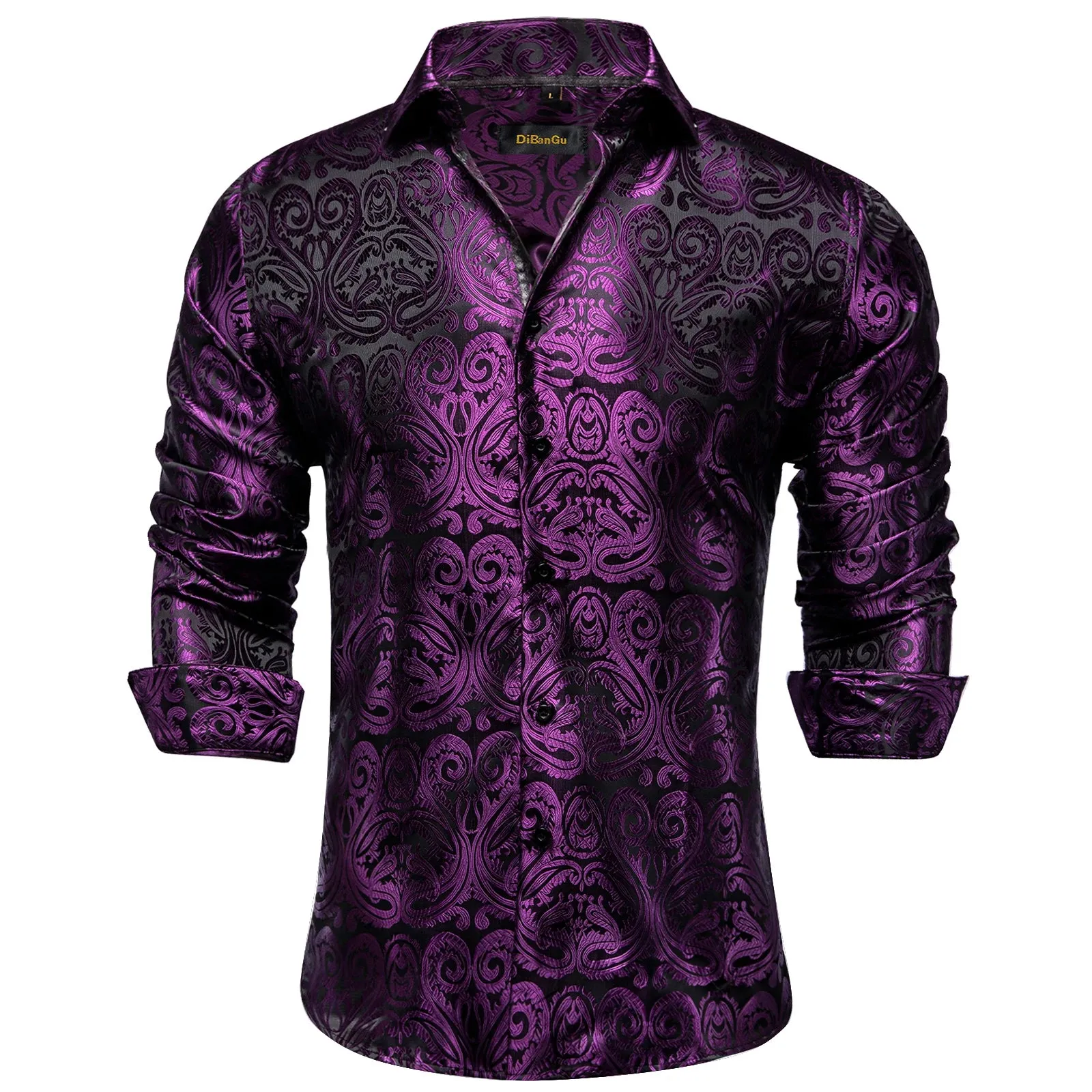 Gold Paisley Silk Shirts Men's Long Sleeve Luxury Tuxedo Wedding Party Clothing