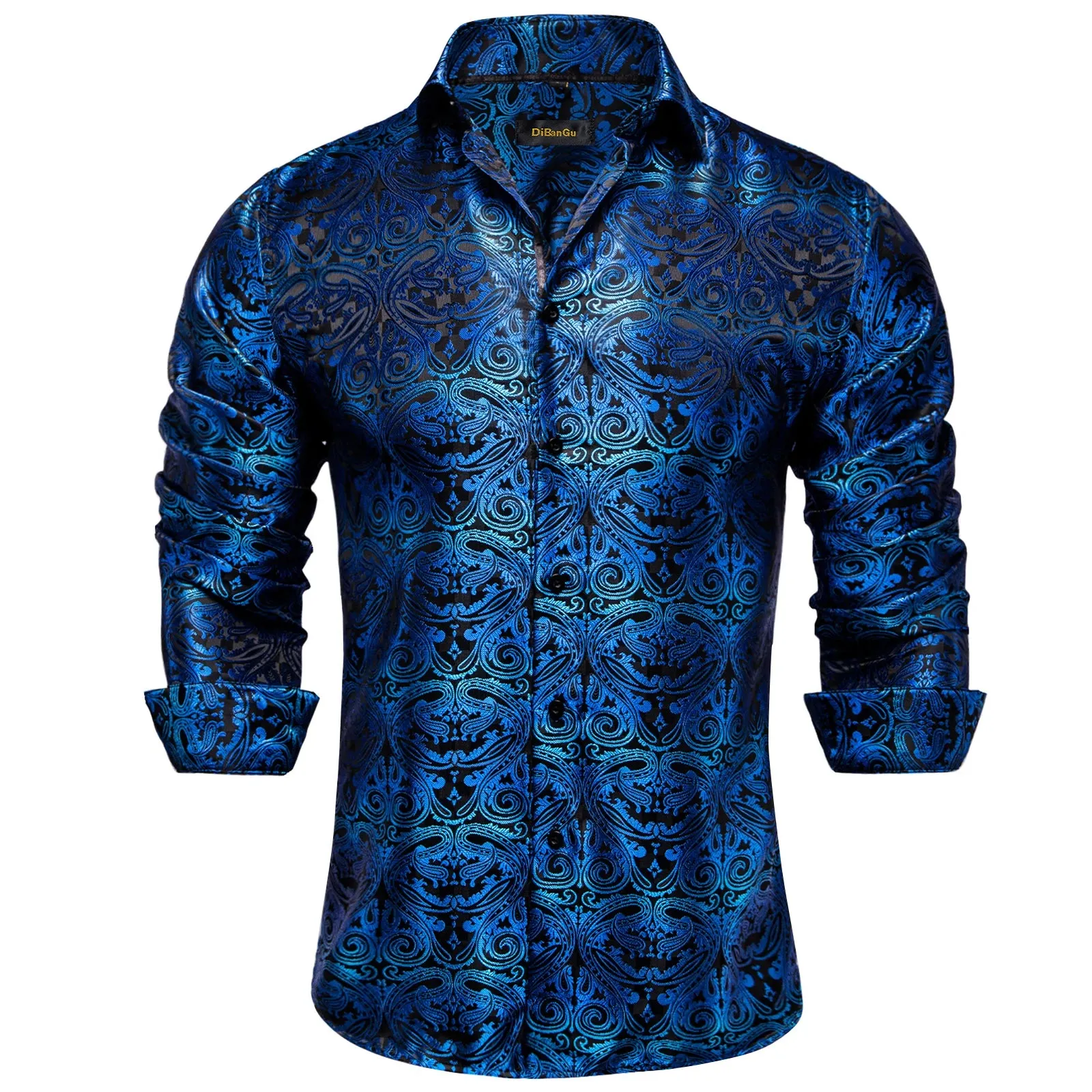 Gold Paisley Silk Shirts Men's Long Sleeve Luxury Tuxedo Wedding Party Clothing