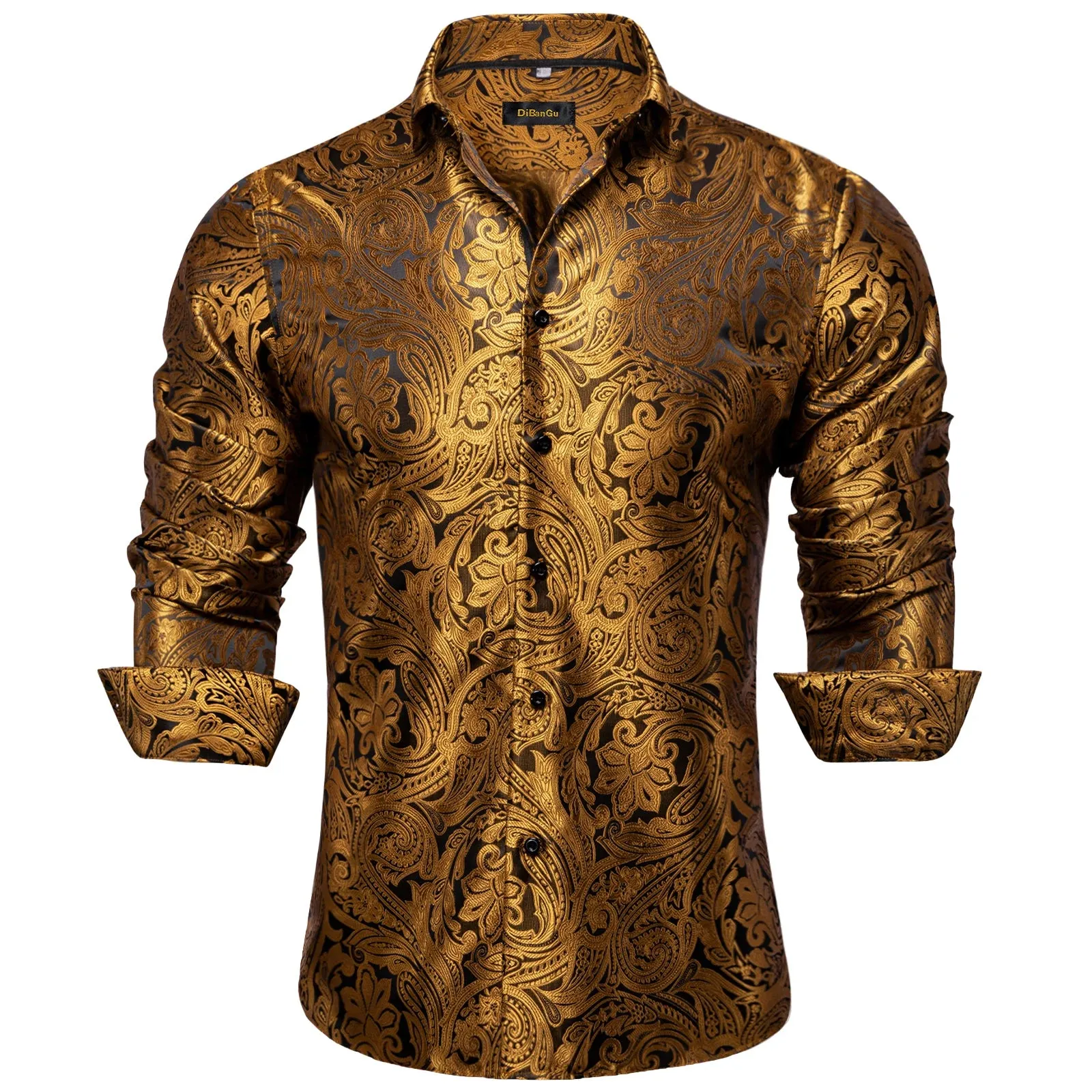 Gold Paisley Silk Shirts Men's Long Sleeve Luxury Tuxedo Wedding Party Clothing