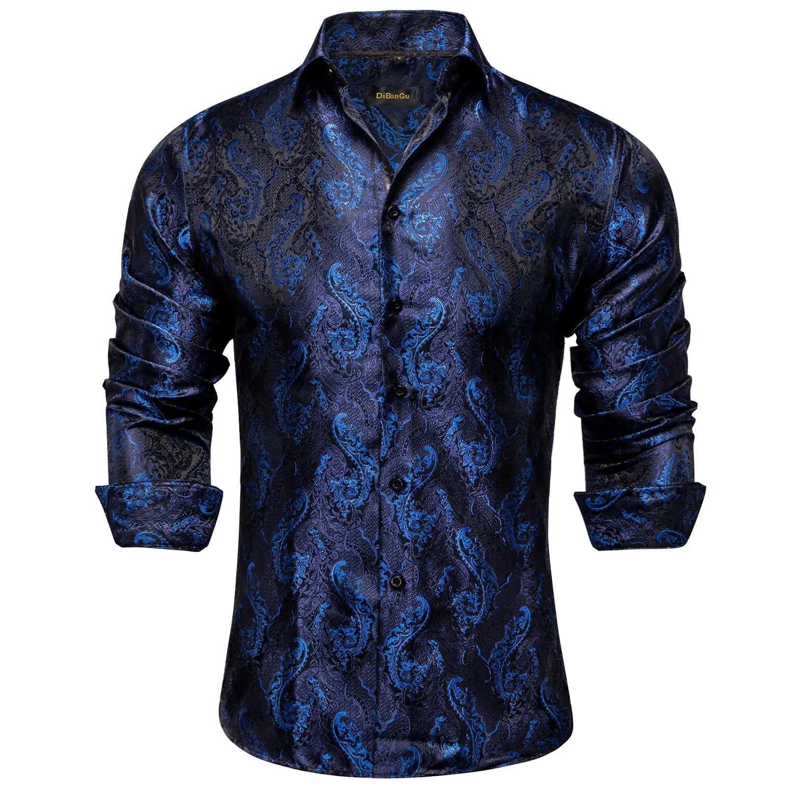 Gold Paisley Silk Shirts Men's Long Sleeve Luxury Tuxedo Wedding Party Clothing