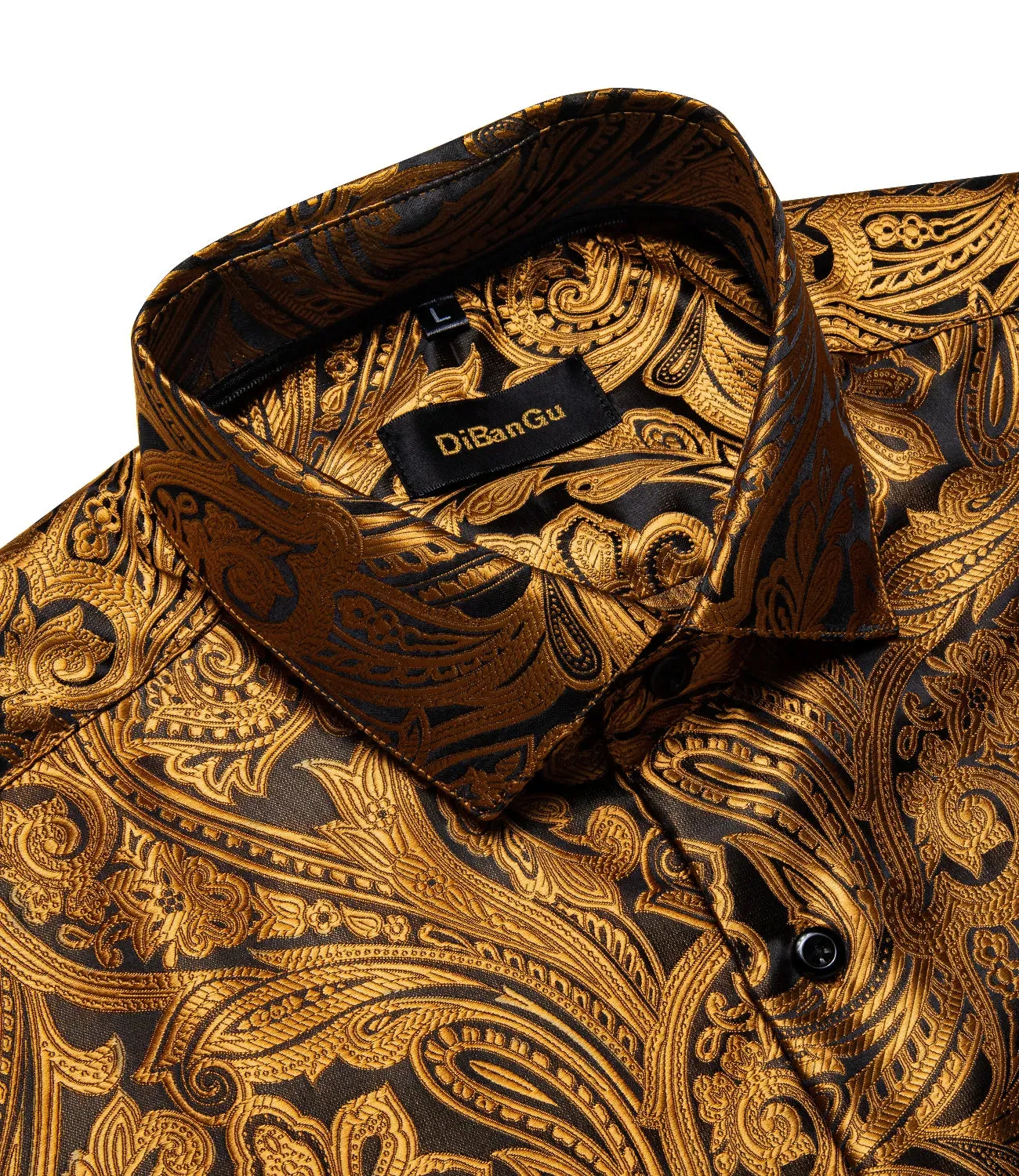 Gold Paisley Silk Shirts Men's Long Sleeve Luxury Tuxedo Wedding Party Clothing