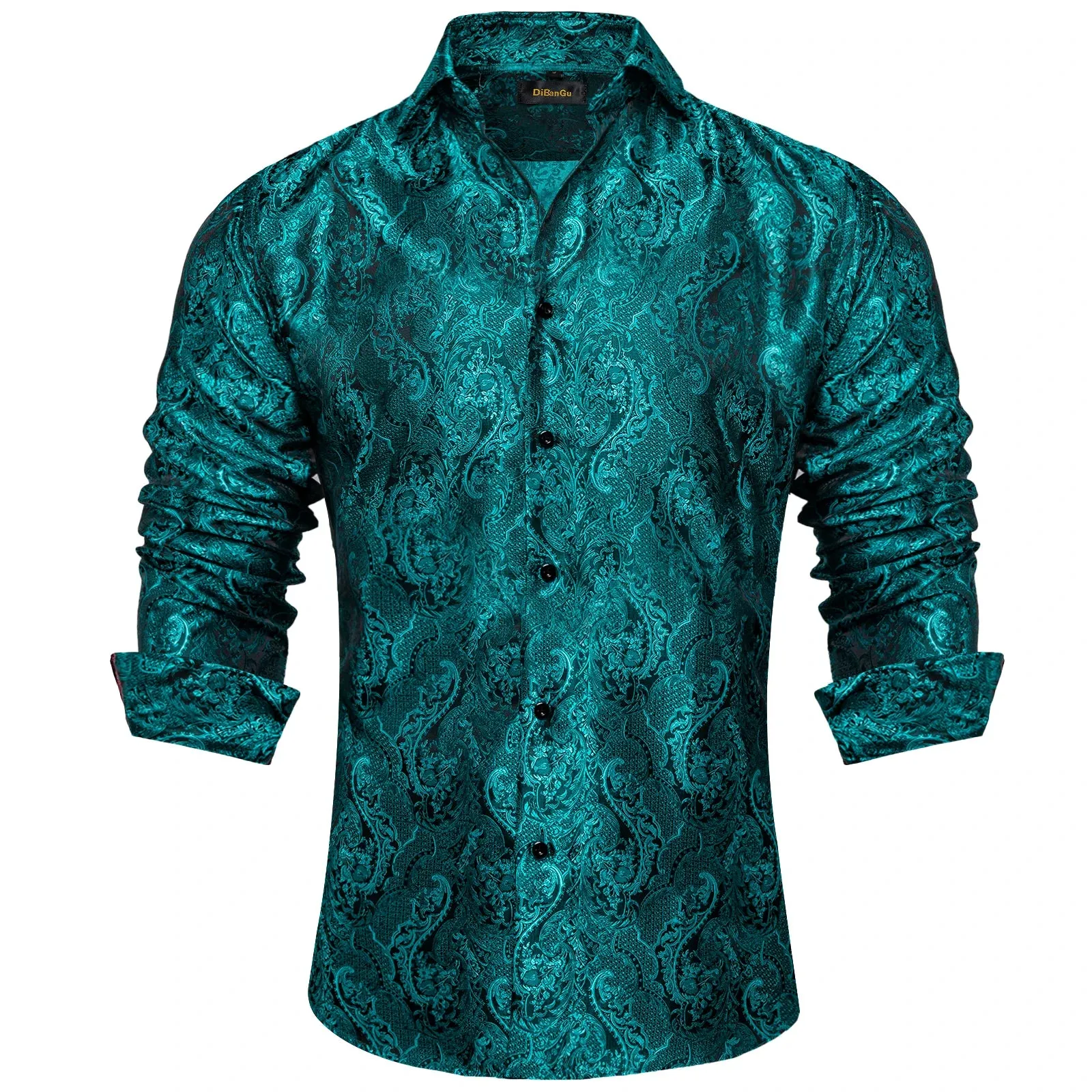 Gold Paisley Silk Shirts Men's Long Sleeve Luxury Tuxedo Wedding Party Clothing