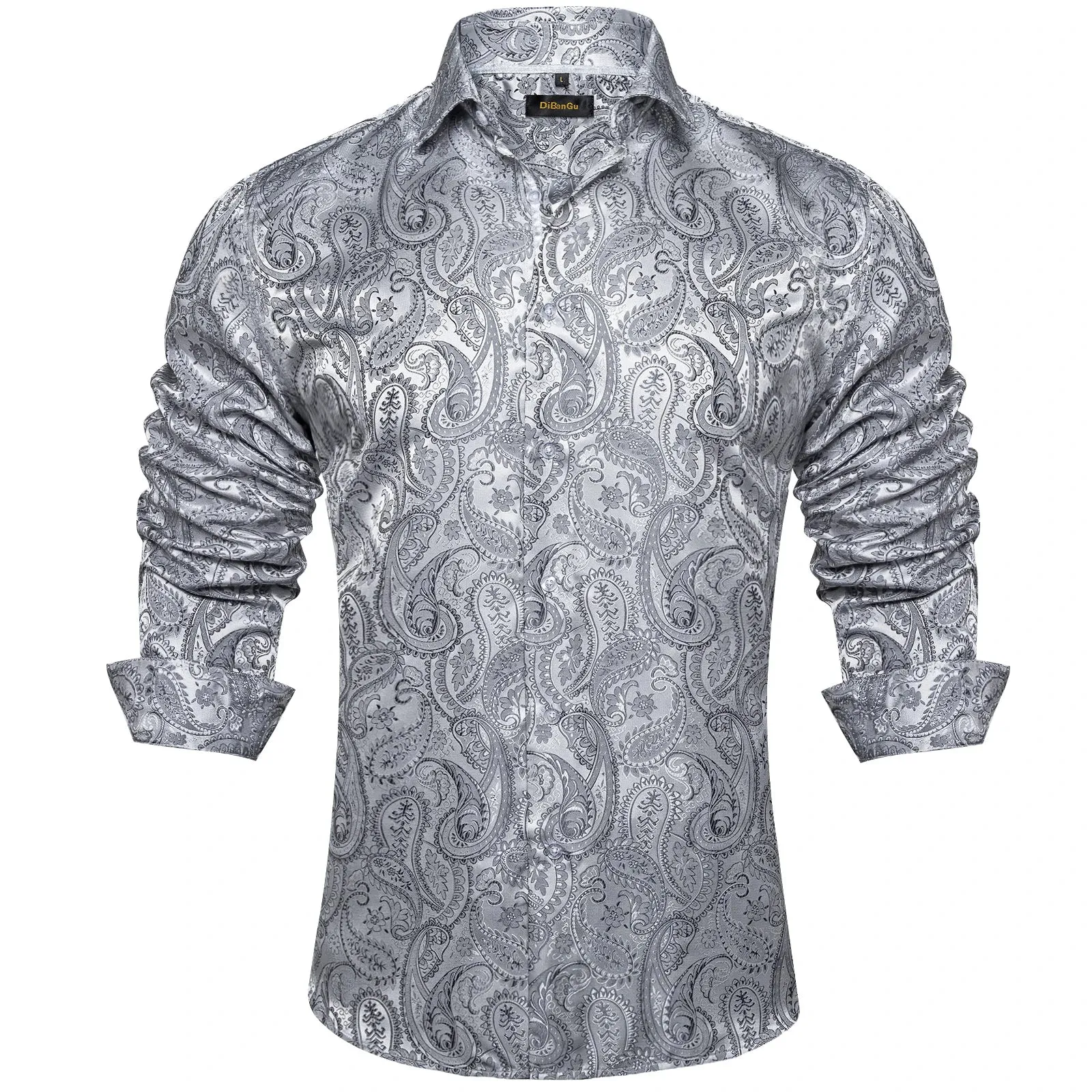 Gold Paisley Silk Shirts Men's Long Sleeve Luxury Tuxedo Wedding Party Clothing