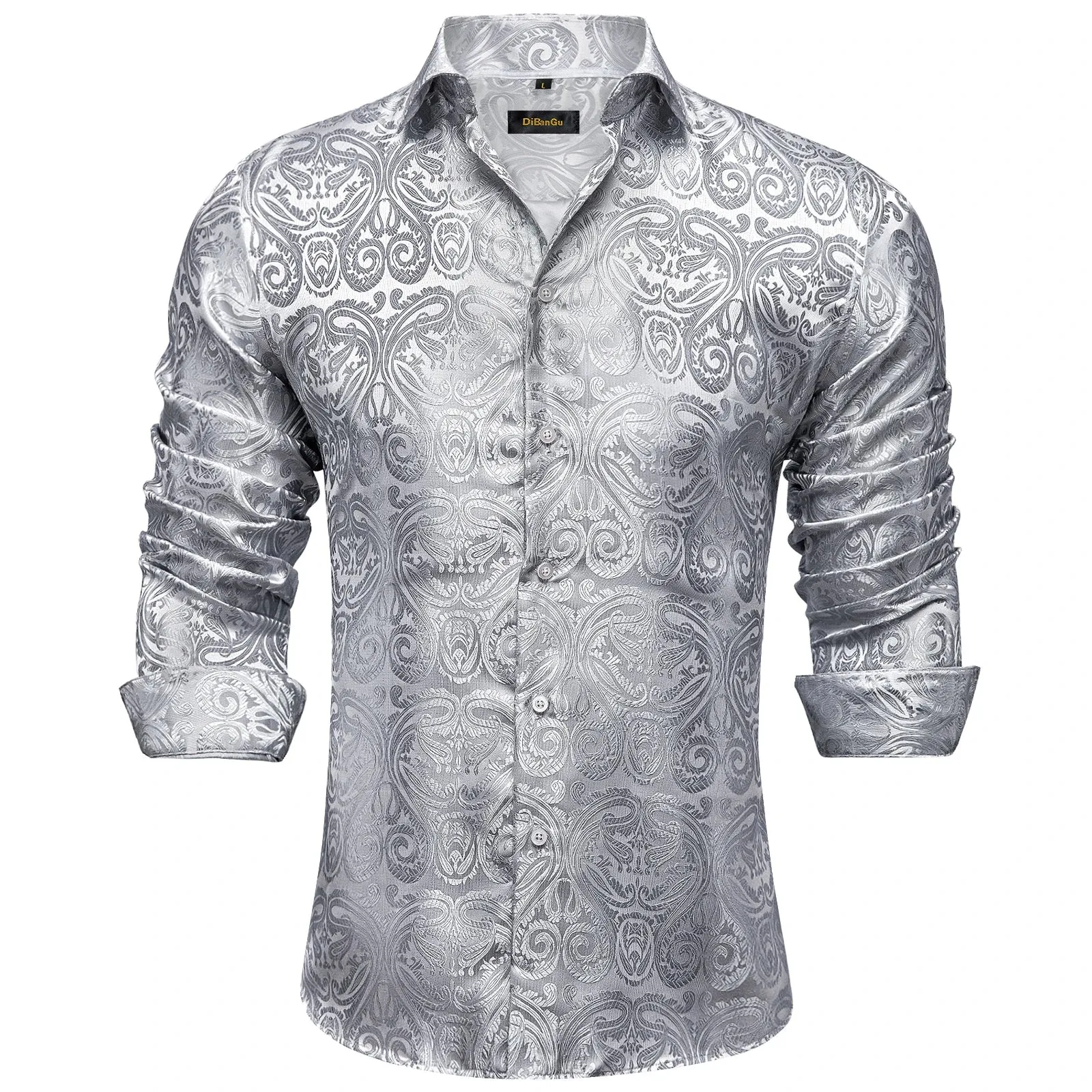 Gold Paisley Silk Shirts Men's Long Sleeve Luxury Tuxedo Wedding Party Clothing