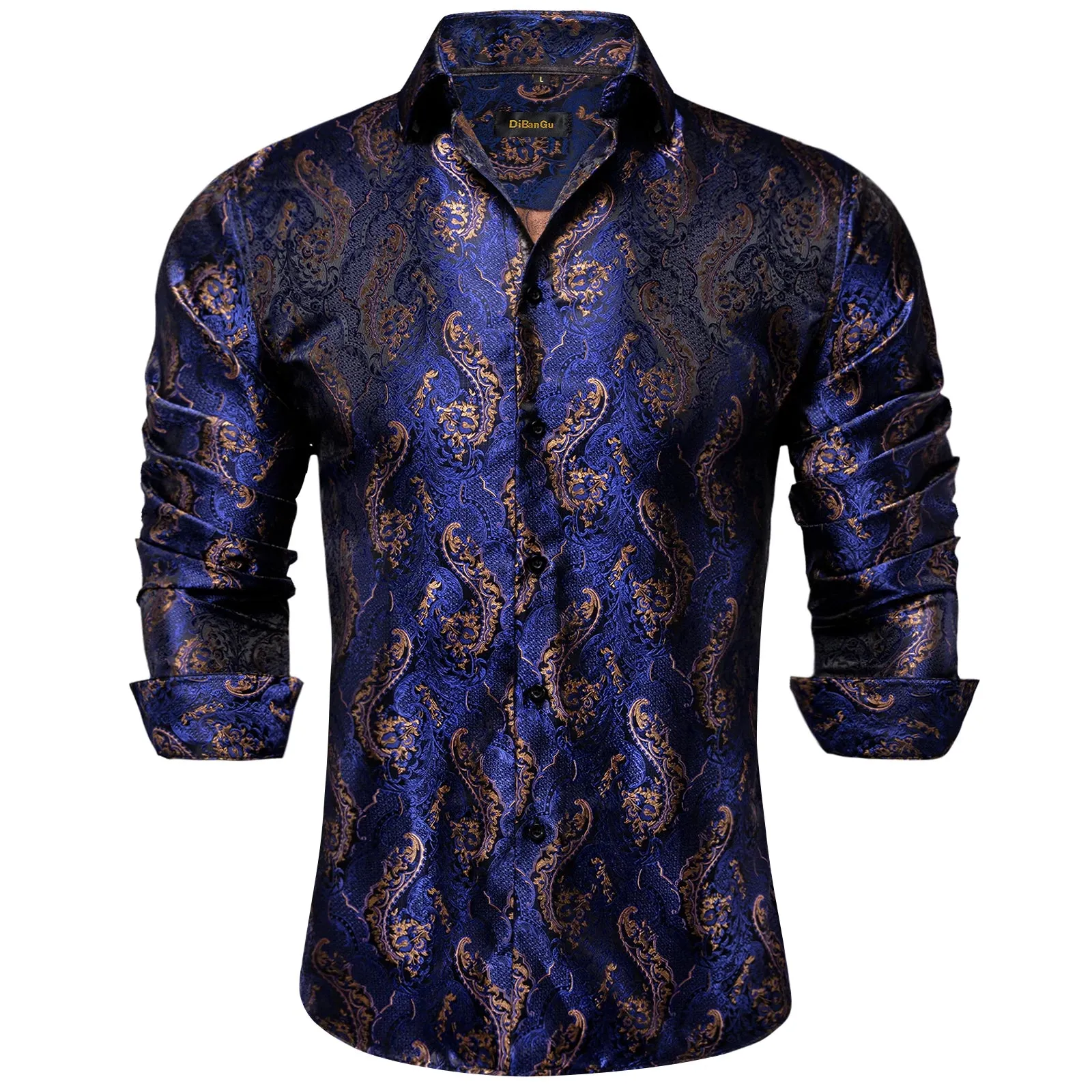 Gold Paisley Silk Shirts Men's Long Sleeve Luxury Tuxedo Wedding Party Clothing