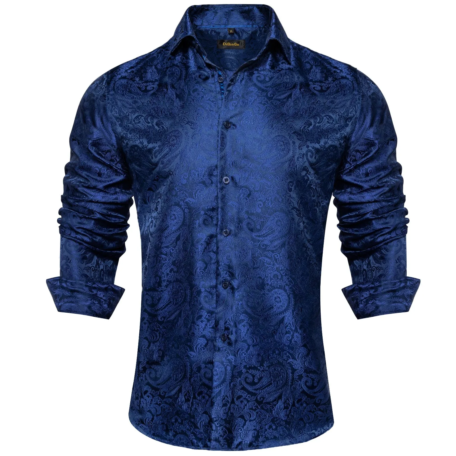 Gold Paisley Silk Shirts Men's Long Sleeve Luxury Tuxedo Wedding Party Clothing