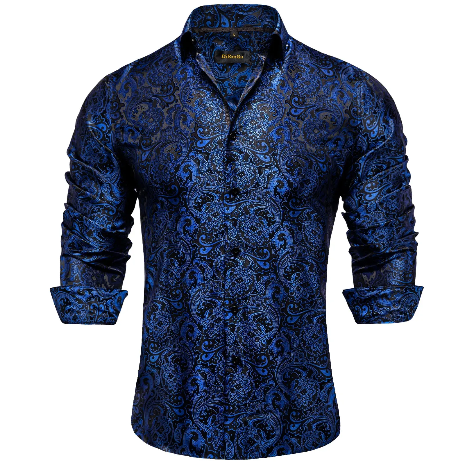 Gold Paisley Silk Shirts Men's Long Sleeve Luxury Tuxedo Wedding Party Clothing