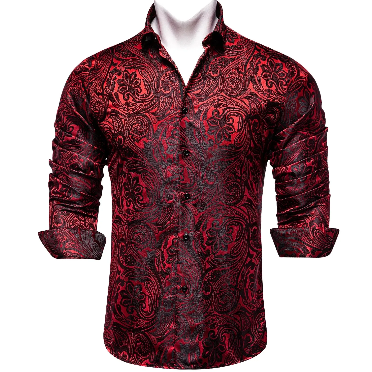 Gold Paisley Silk Shirts Men's Long Sleeve Luxury Tuxedo Wedding Party Clothing