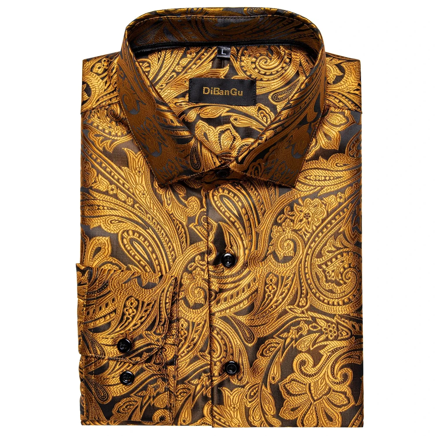 Gold Paisley Silk Shirts Men's Long Sleeve Luxury Tuxedo Wedding Party Clothing