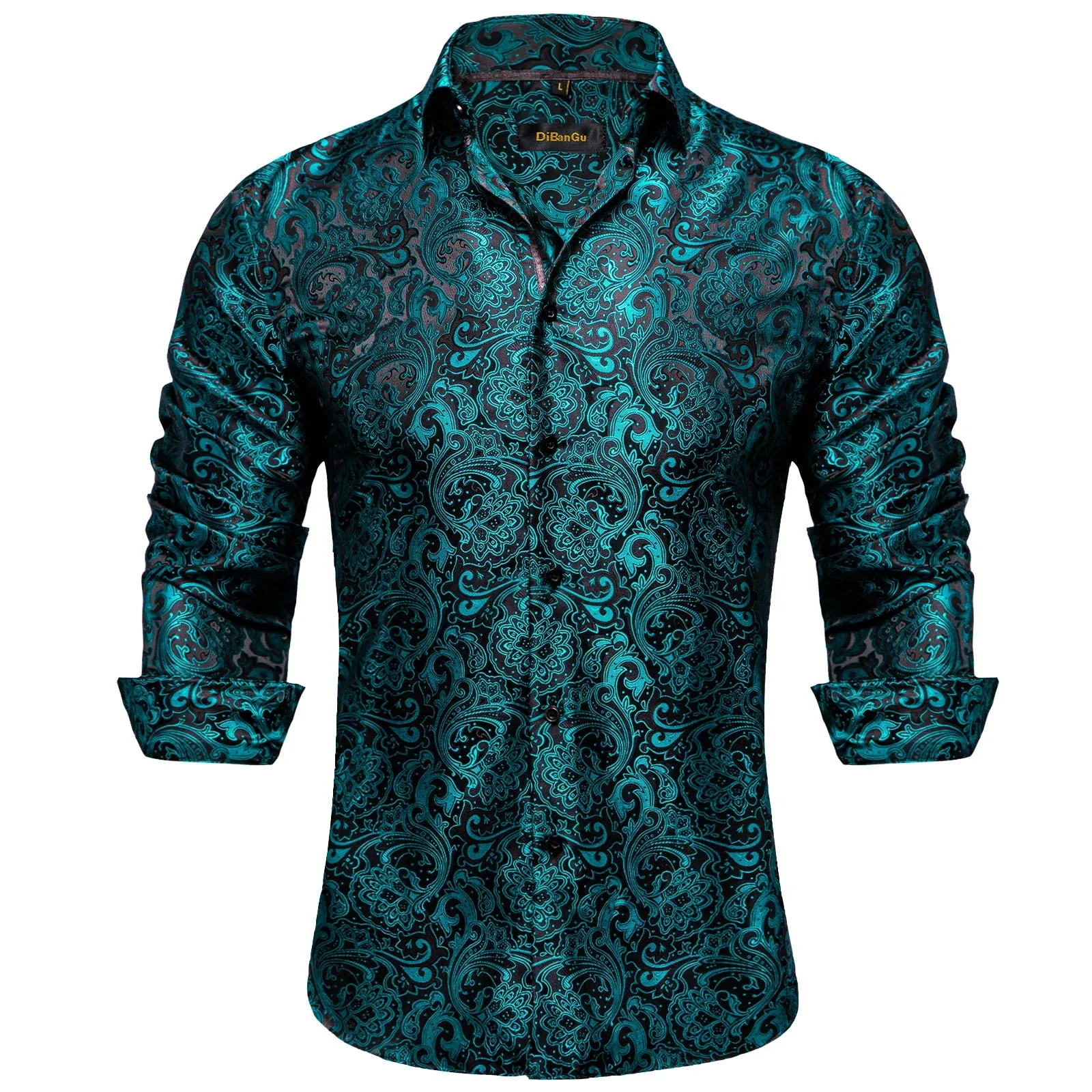 Gold Paisley Silk Shirts Men's Long Sleeve Luxury Tuxedo Wedding Party Clothing