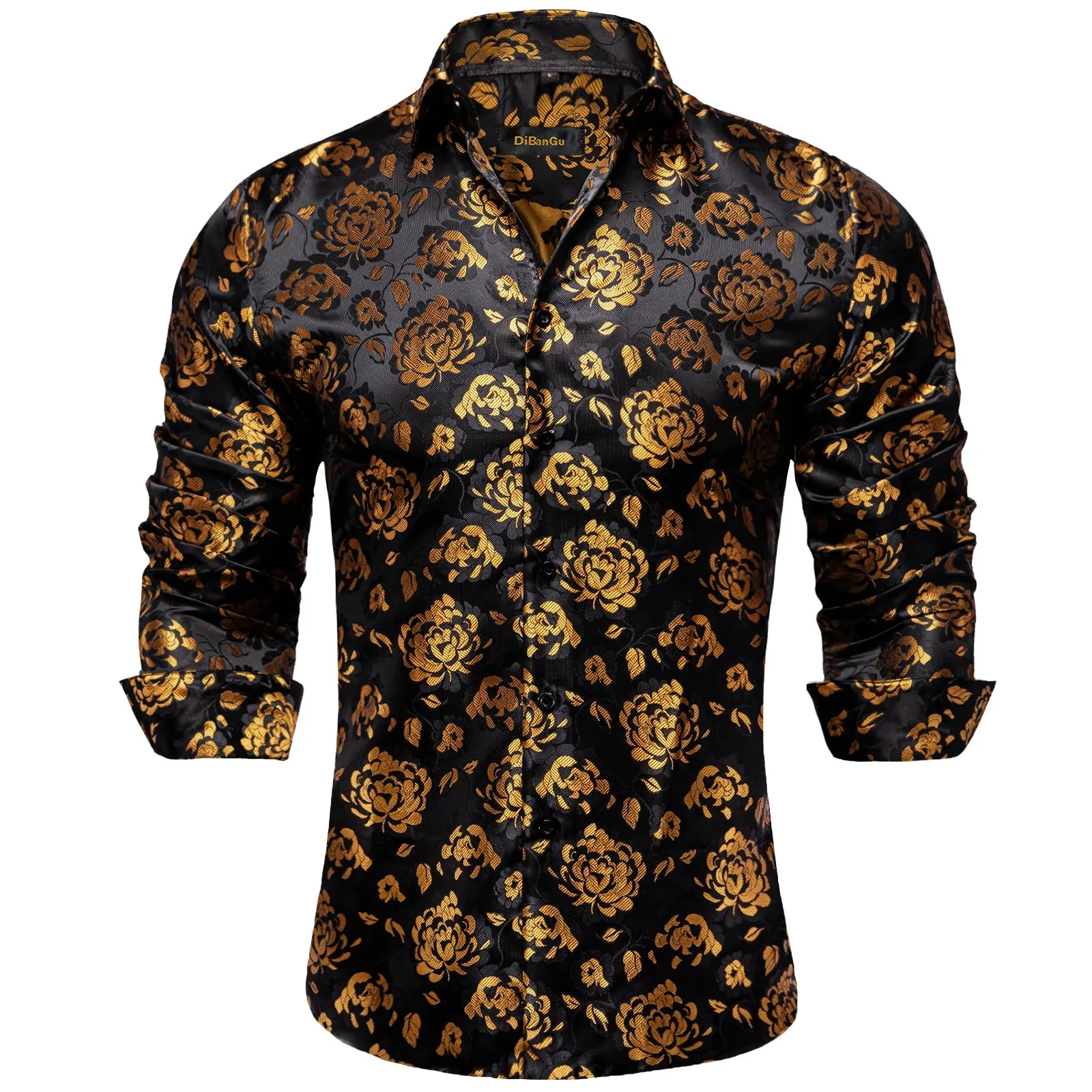 Gold Paisley Silk Shirts Men's Long Sleeve Luxury Tuxedo Wedding Party Clothing