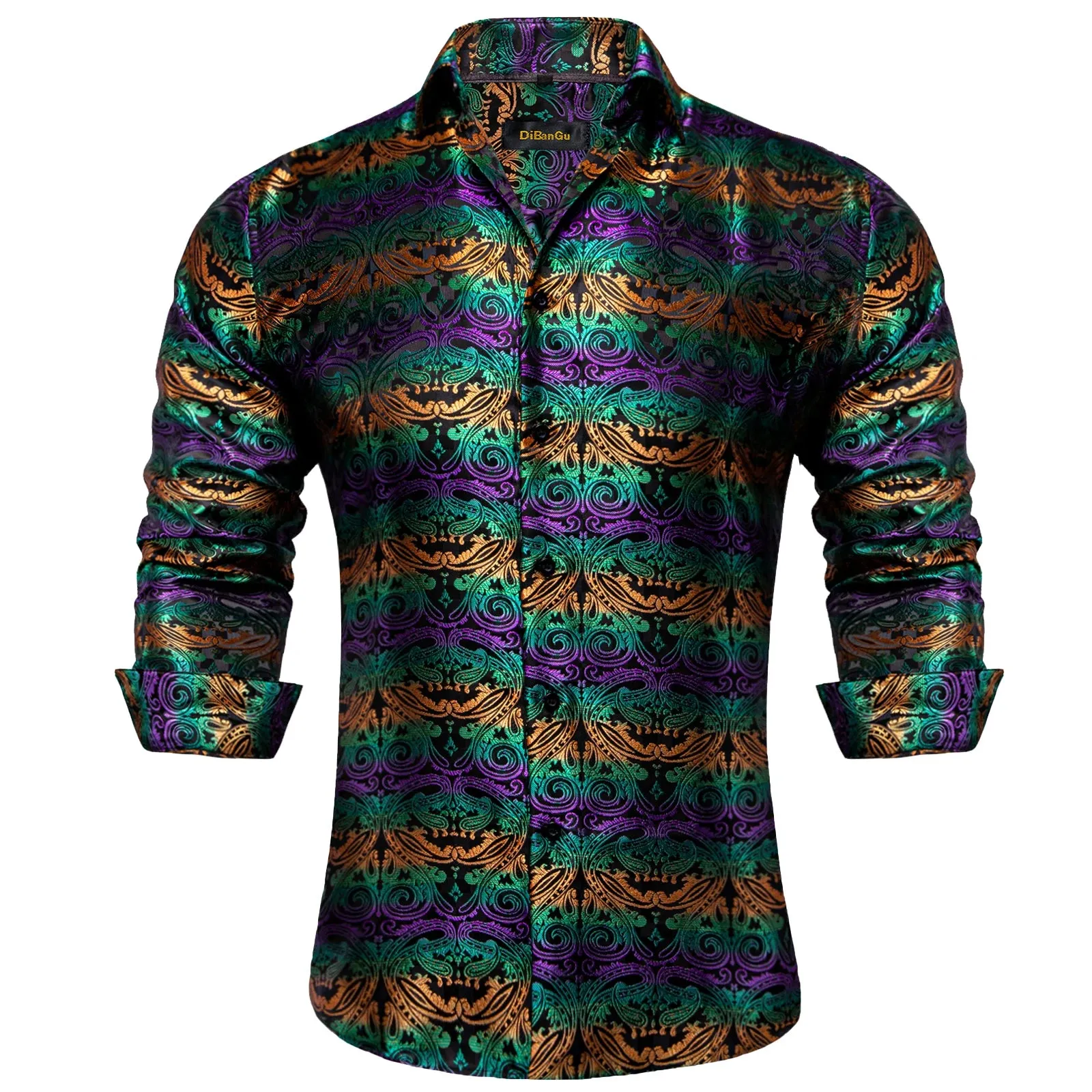 Gold Paisley Silk Shirts Men's Long Sleeve Luxury Tuxedo Wedding Party Clothing