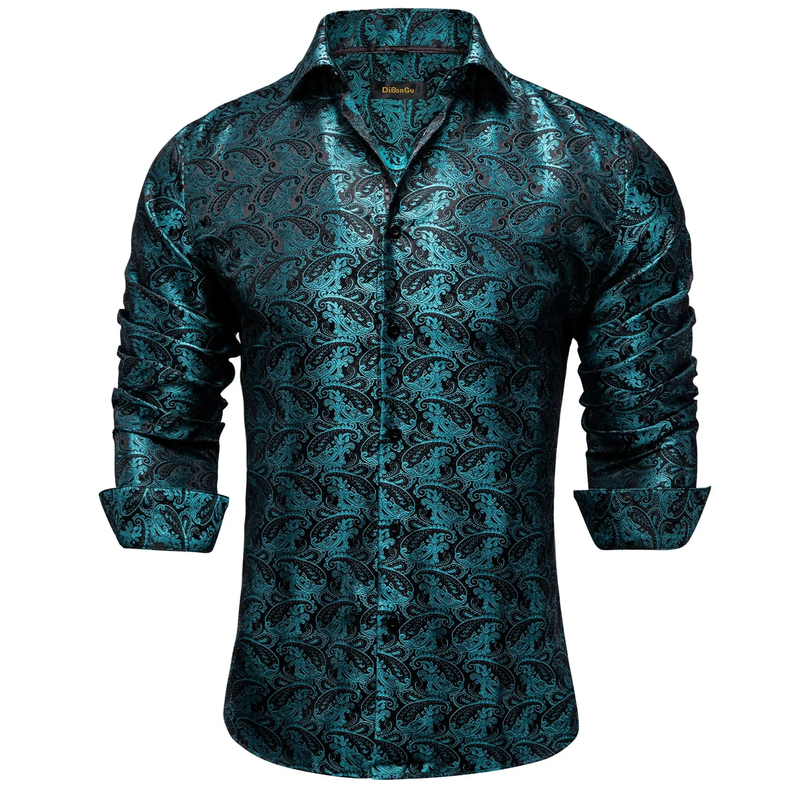 Gold Paisley Silk Shirts Men's Long Sleeve Luxury Tuxedo Wedding Party Clothing