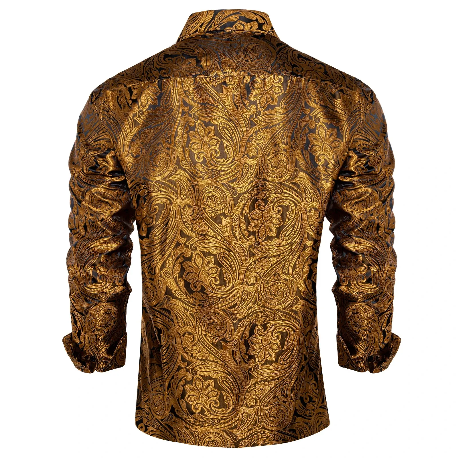 Gold Paisley Silk Shirts Men's Long Sleeve Luxury Tuxedo Wedding Party Clothing