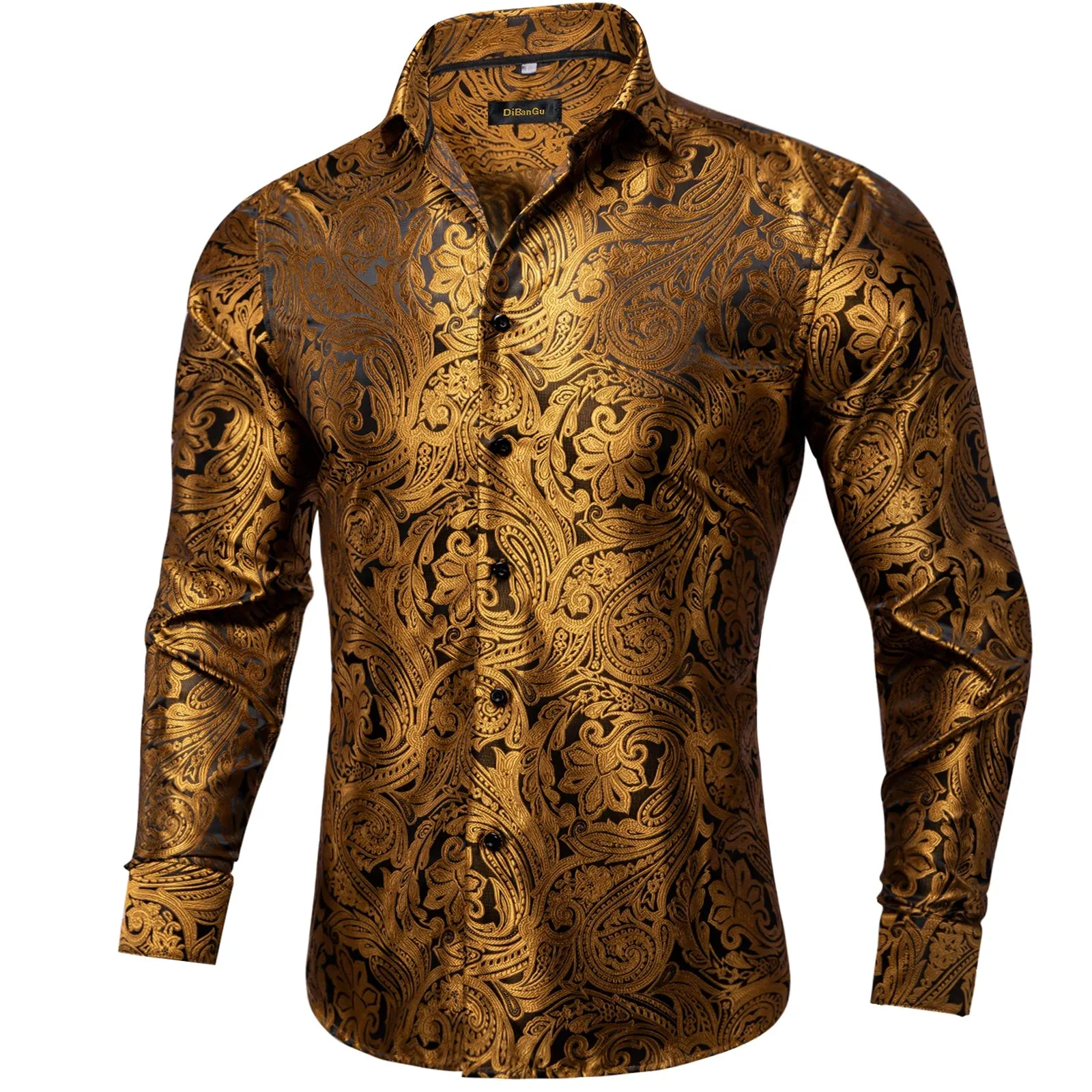 Gold Paisley Silk Shirts Men's Long Sleeve Luxury Tuxedo Wedding Party Clothing