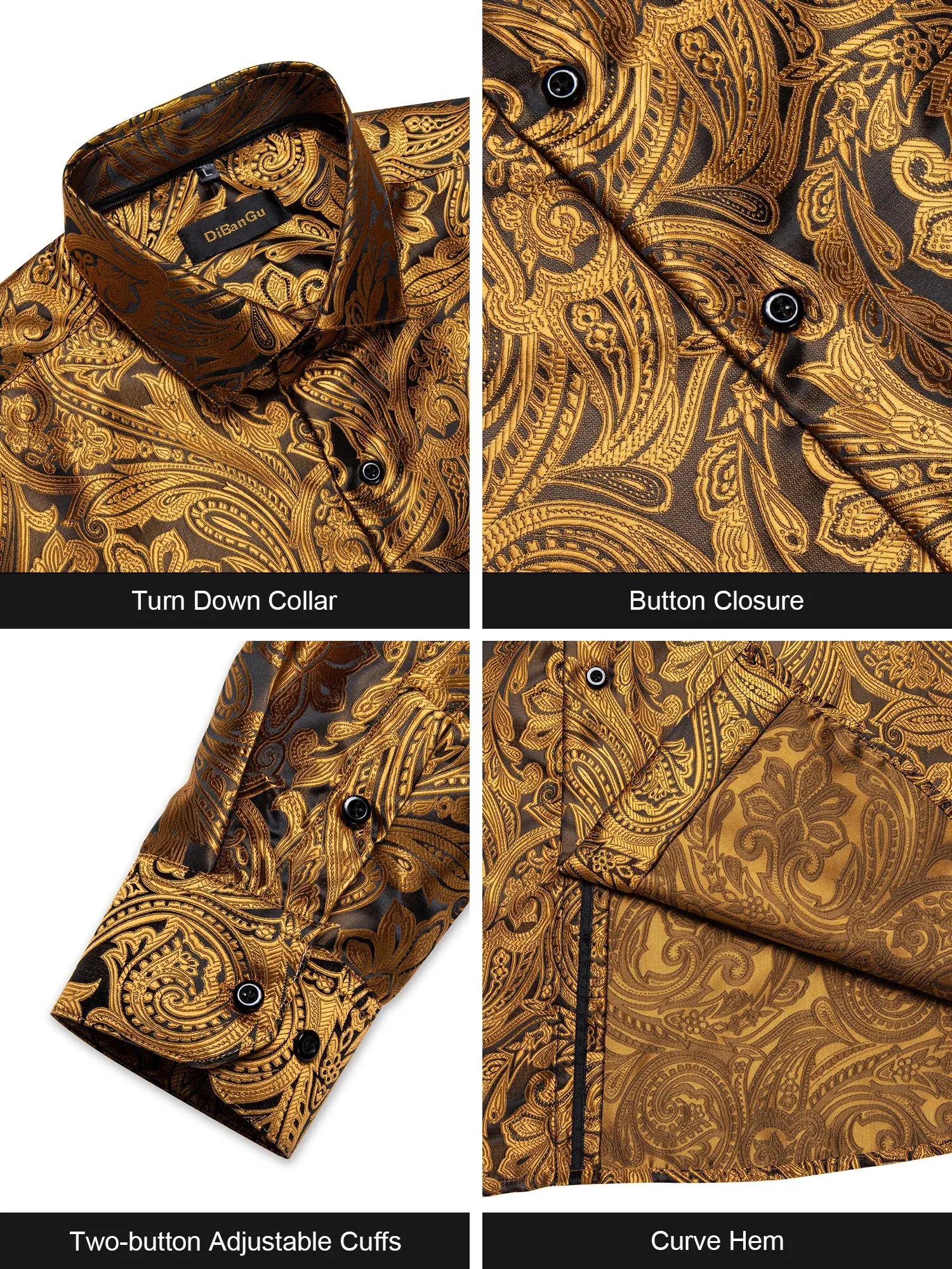 Gold Paisley Silk Shirts Men's Long Sleeve Luxury Tuxedo Wedding Party Clothing