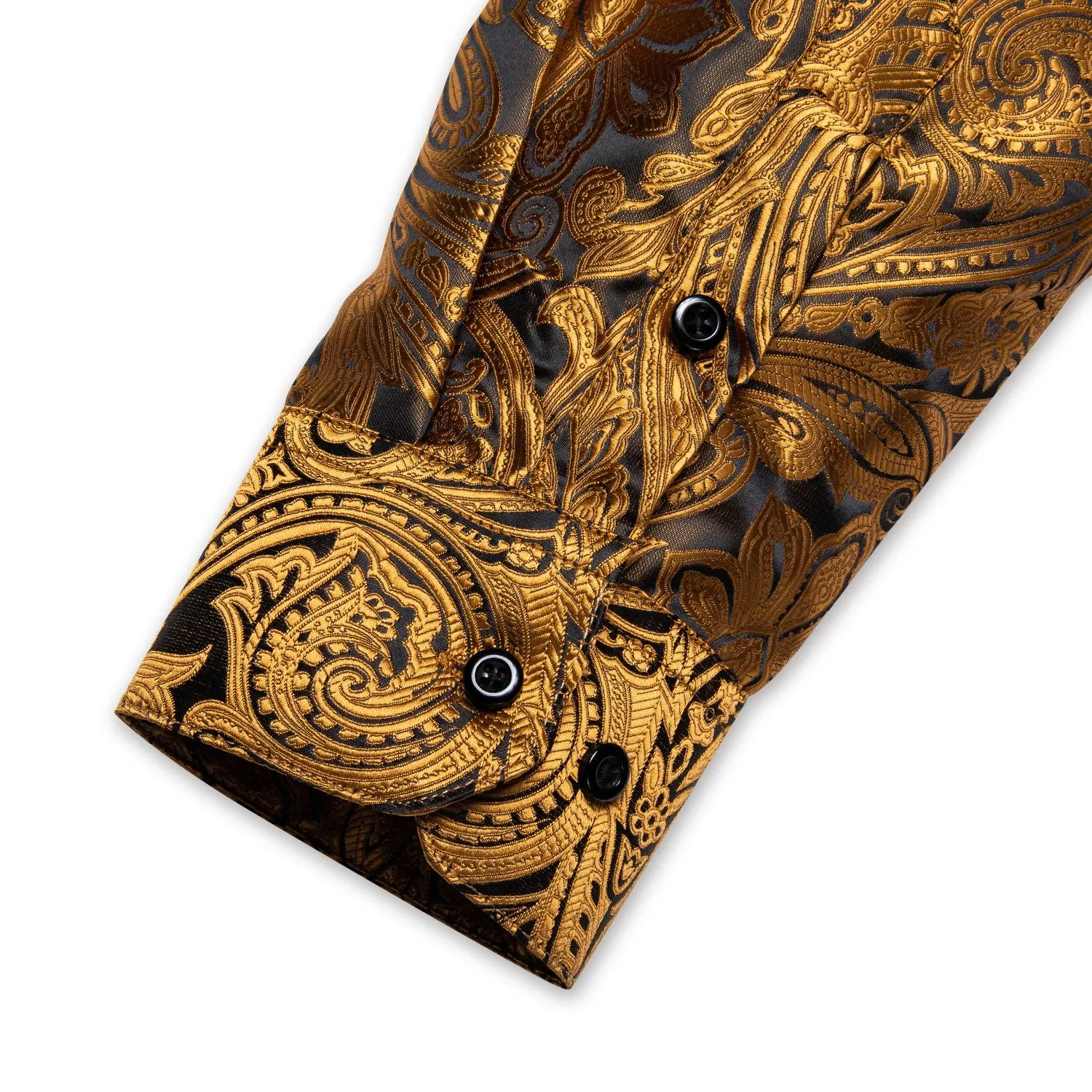 Gold Paisley Silk Shirts Men's Long Sleeve Luxury Tuxedo Wedding Party Clothing