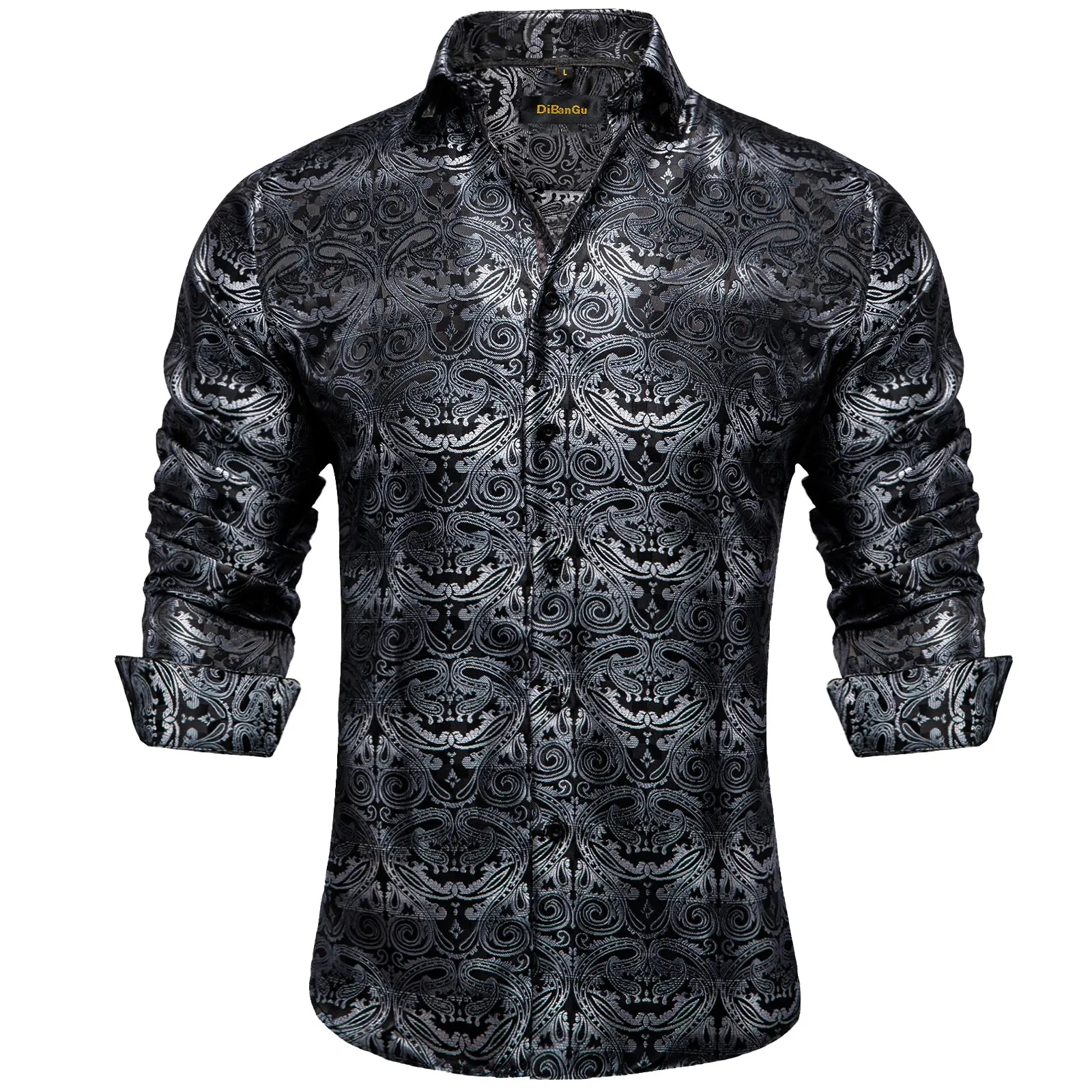 Gold Paisley Silk Shirts Men's Long Sleeve Luxury Tuxedo Wedding Party Clothing