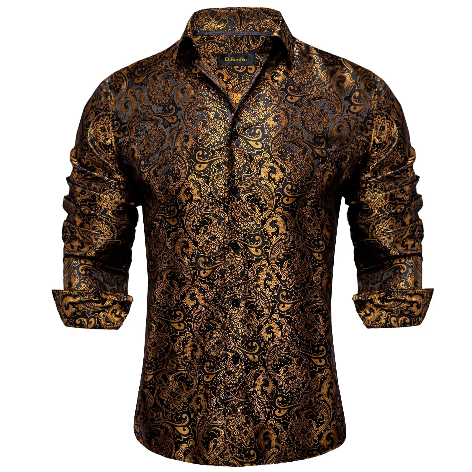 Gold Paisley Silk Shirts Men's Long Sleeve Luxury Tuxedo Wedding Party Clothing