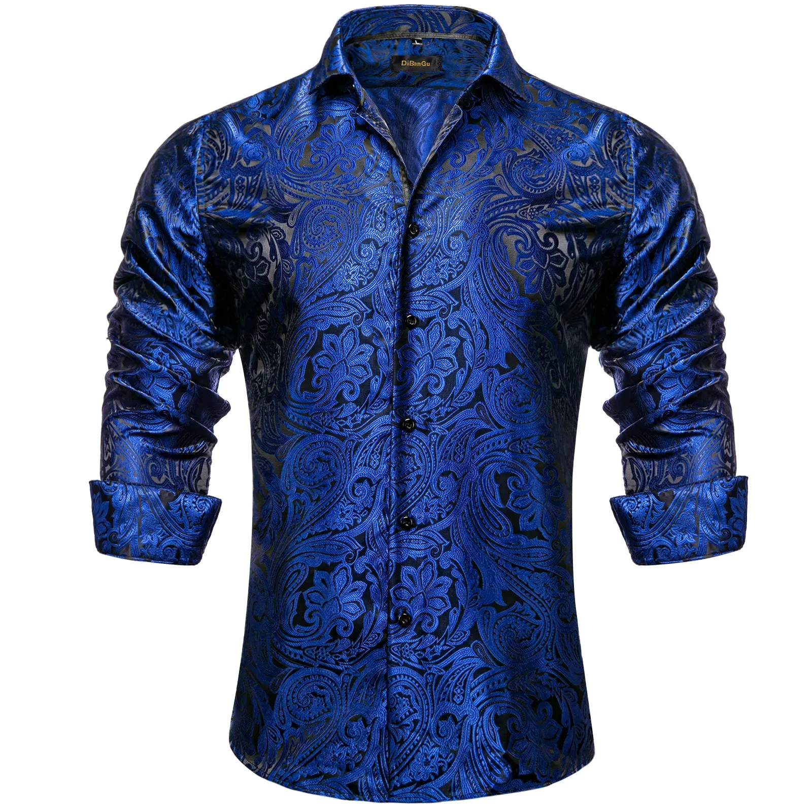 Gold Paisley Silk Shirts Men's Long Sleeve Luxury Tuxedo Wedding Party Clothing