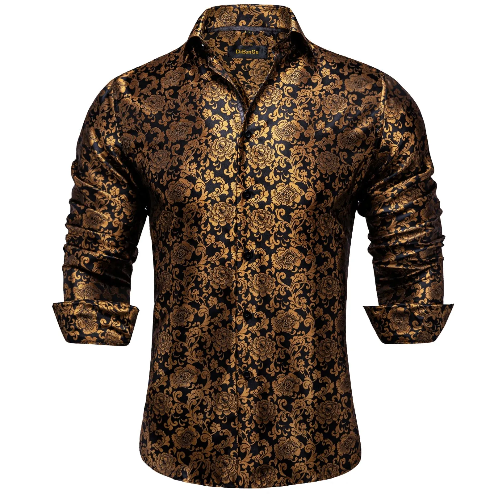 Gold Paisley Silk Shirts Men's Long Sleeve Luxury Tuxedo Wedding Party Clothing