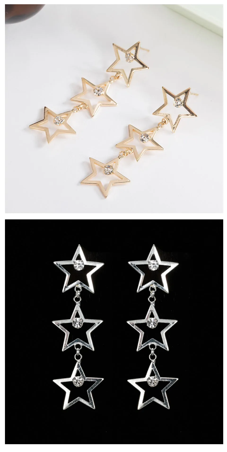 Golden Stars Layered Crystal Star Dangle Earrings