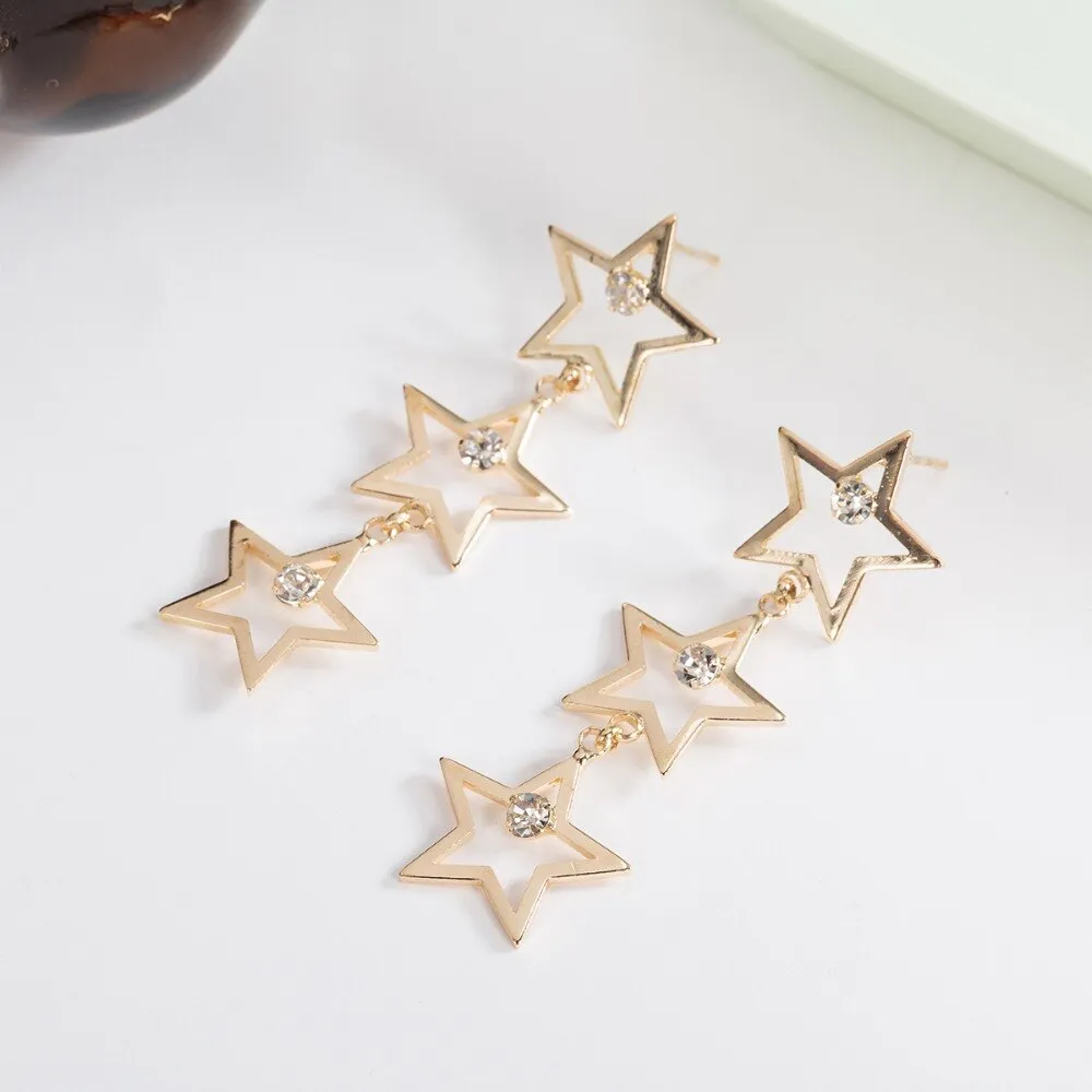 Golden Stars Layered Crystal Star Dangle Earrings