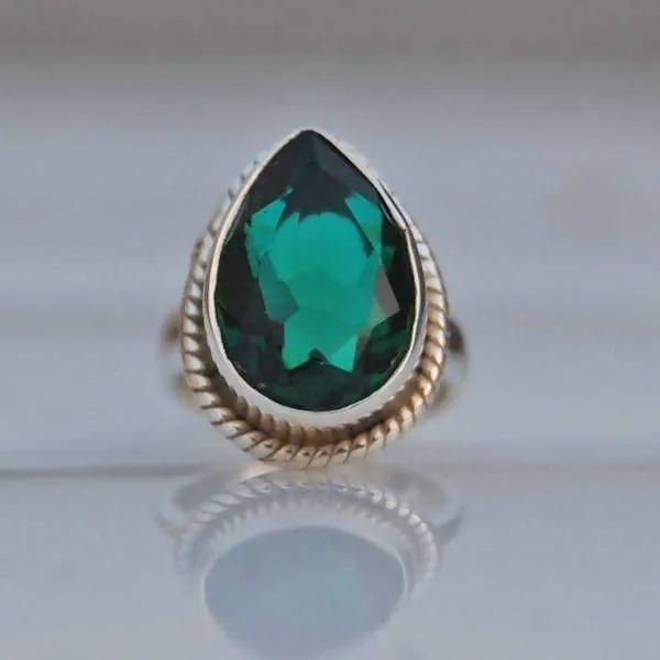 Green Dioptase Stone Silver Drop Ring