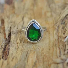 Green Dioptase Stone Silver Drop Ring