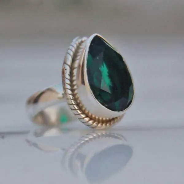 Green Dioptase Stone Silver Drop Ring