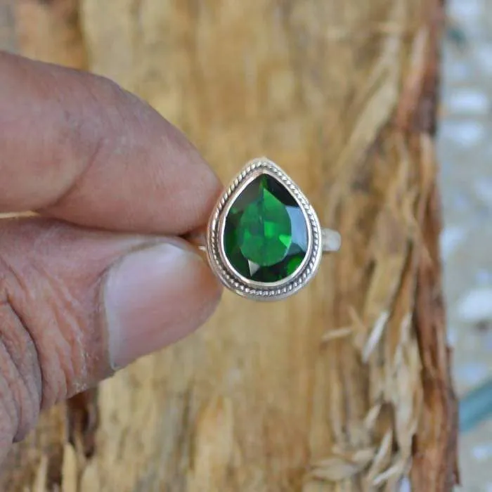 Green Dioptase Stone Silver Drop Ring