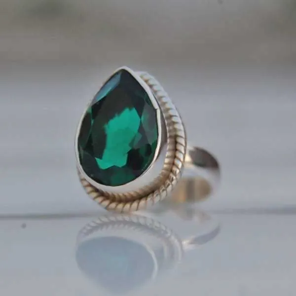 Green Dioptase Stone Silver Drop Ring