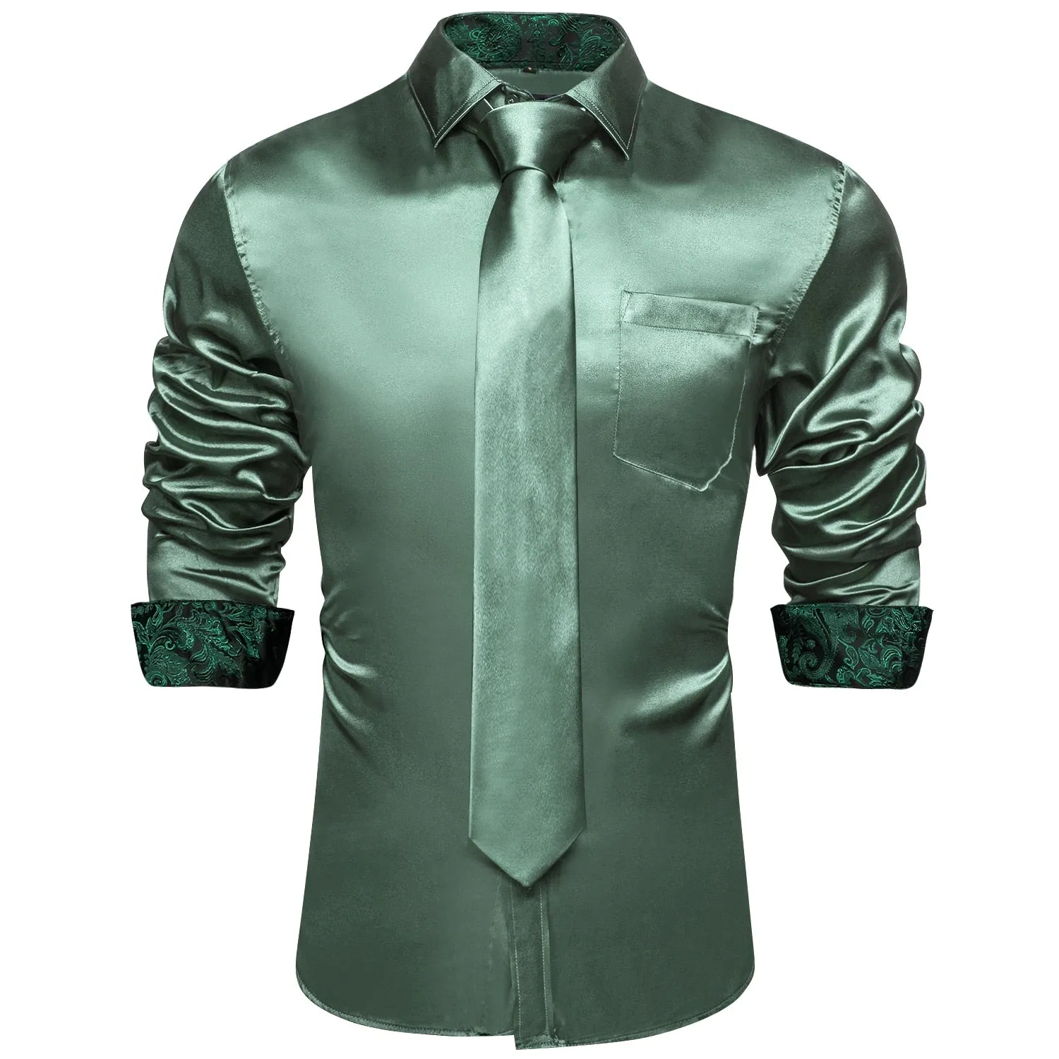 Green Plaid Splicing Contrasting Colors Long Sleeve Shirts For Men's Designer Stretch Satin Tuxedo Clothing Blouses