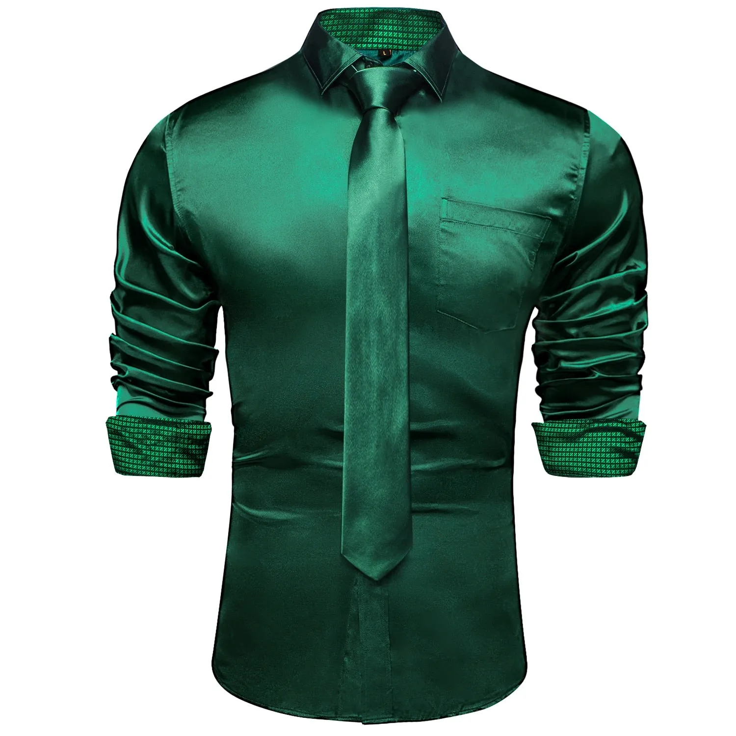 Green Plaid Splicing Contrasting Colors Long Sleeve Shirts For Men's Designer Stretch Satin Tuxedo Clothing Blouses