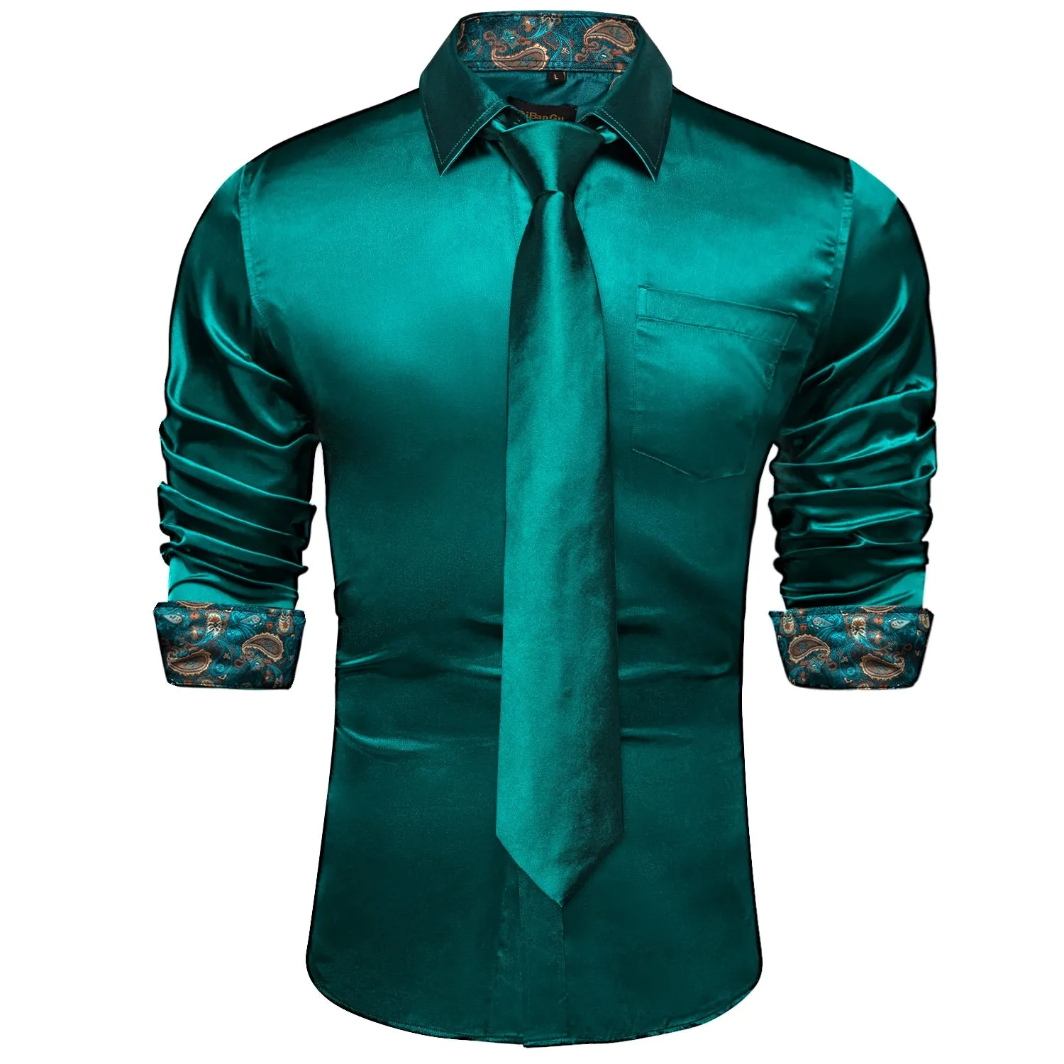 Green Plaid Splicing Contrasting Colors Long Sleeve Shirts For Men's Designer Stretch Satin Tuxedo Clothing Blouses